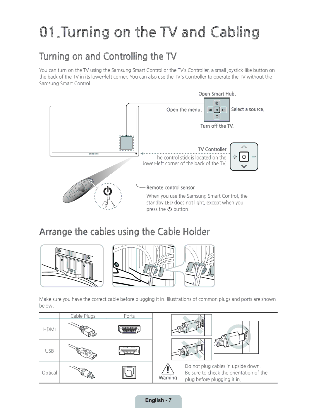 Samsung UN55H8000 manual Turning on the TV and Cabling, Turning on and Controlling the TV 