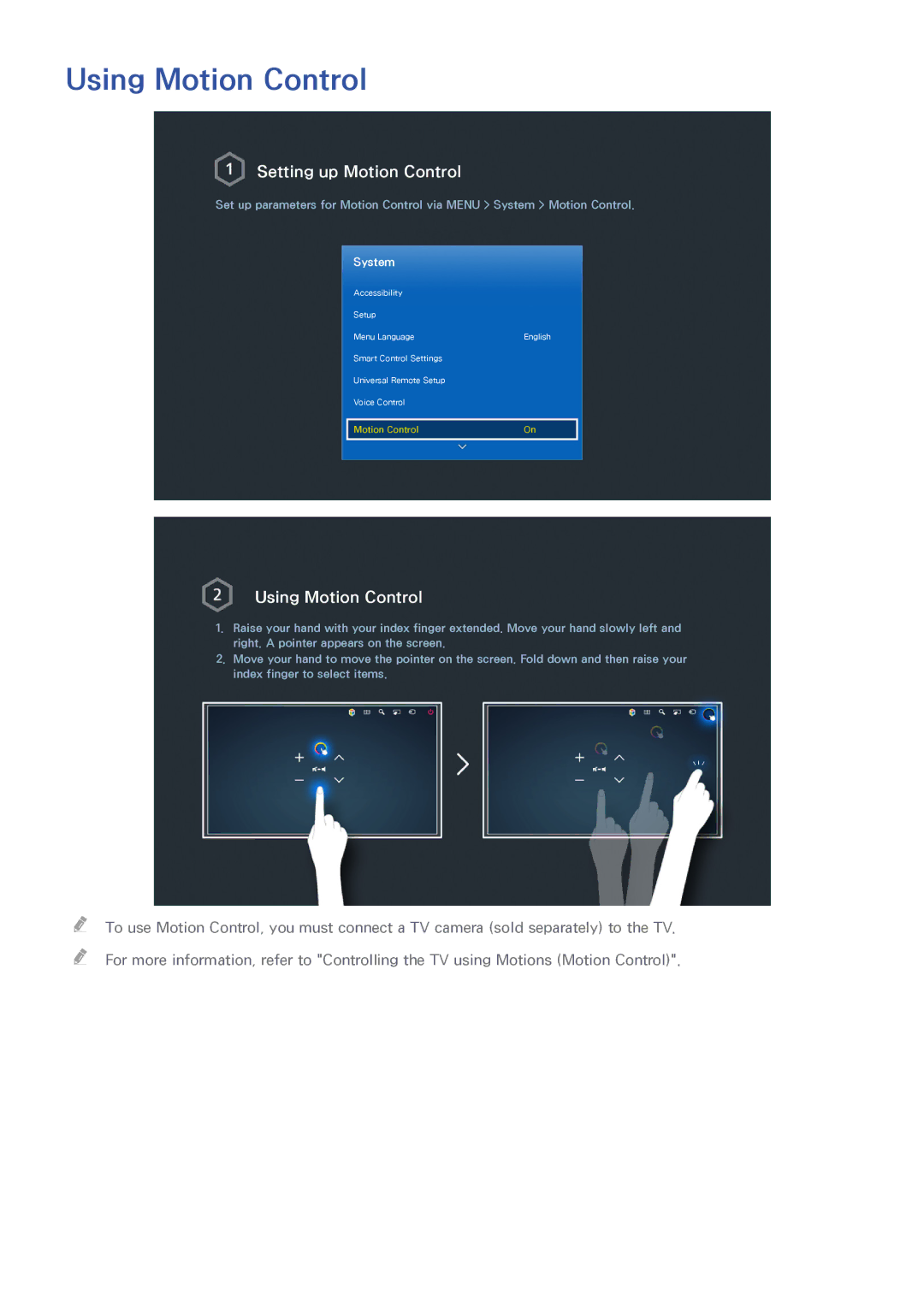 Samsung UN55HU6840 manual Using Motion Control, Setting up Motion Control 