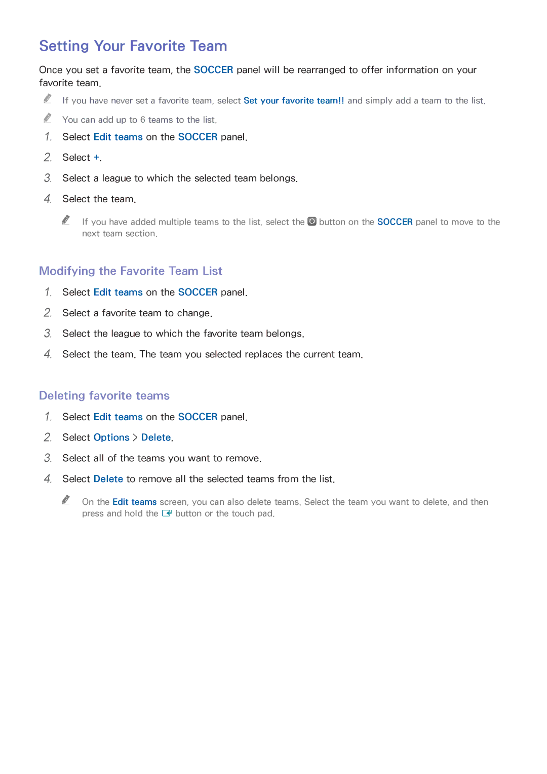 Samsung UN55HU6840 manual Setting Your Favorite Team, Modifying the Favorite Team List, Deleting favorite teams 