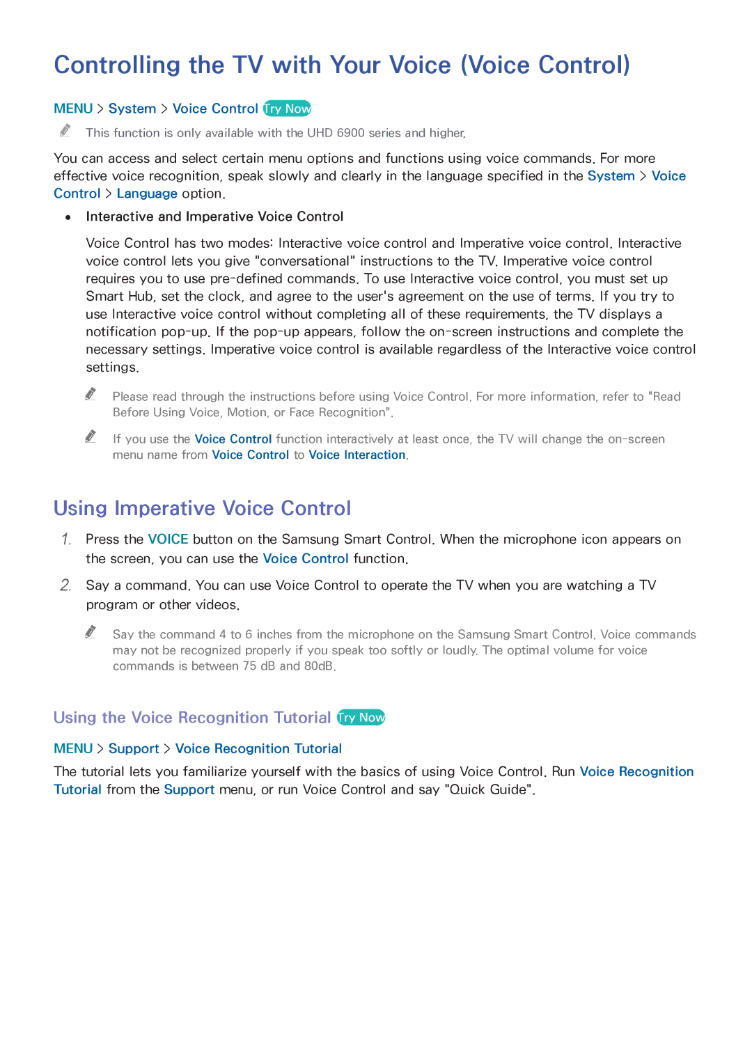 Samsung UN55HU6840 manual Controlling the TV with Your Voice Voice Control, Using Imperative Voice Control 