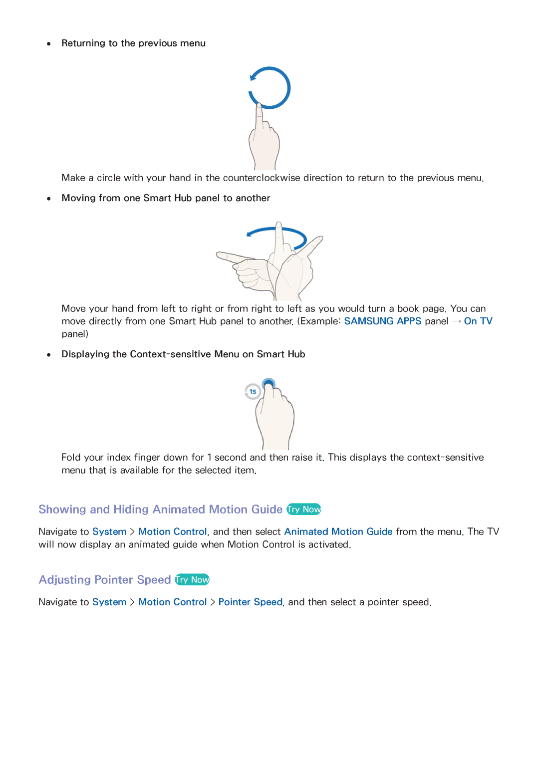 Samsung UN55HU6840 manual Showing and Hiding Animated Motion Guide Try Now, Adjusting Pointer Speed Try Now 