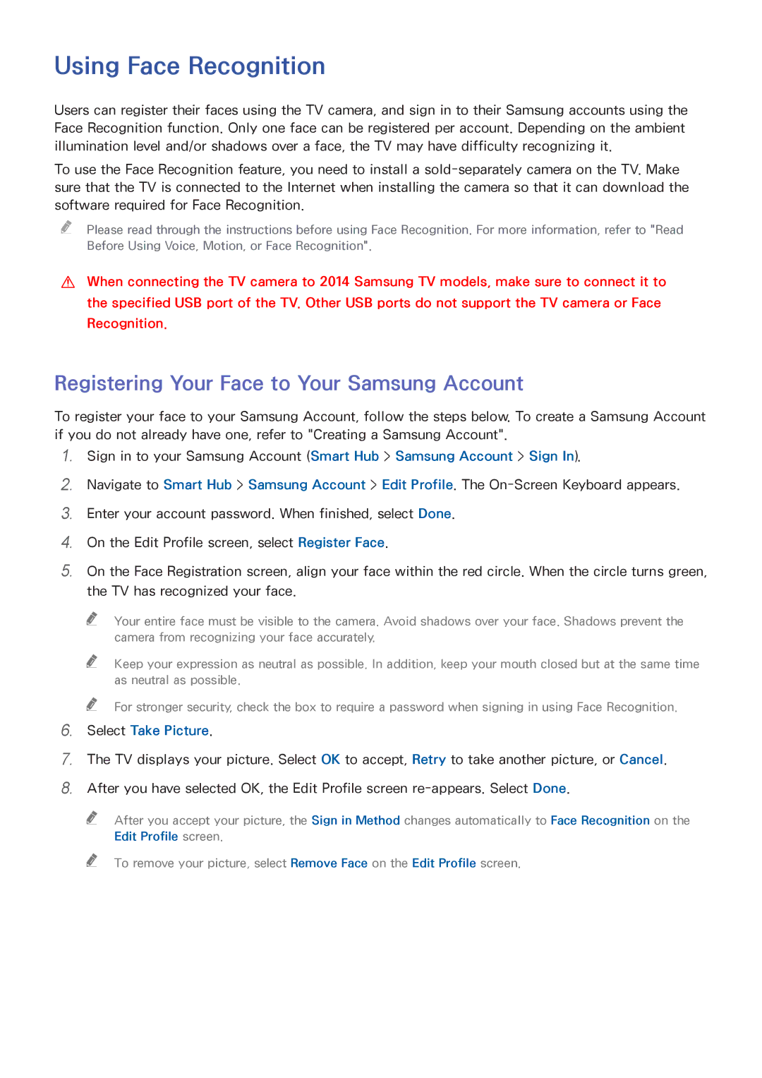 Samsung UN55HU6840 manual Using Face Recognition, Registering Your Face to Your Samsung Account, Select Take Picture 