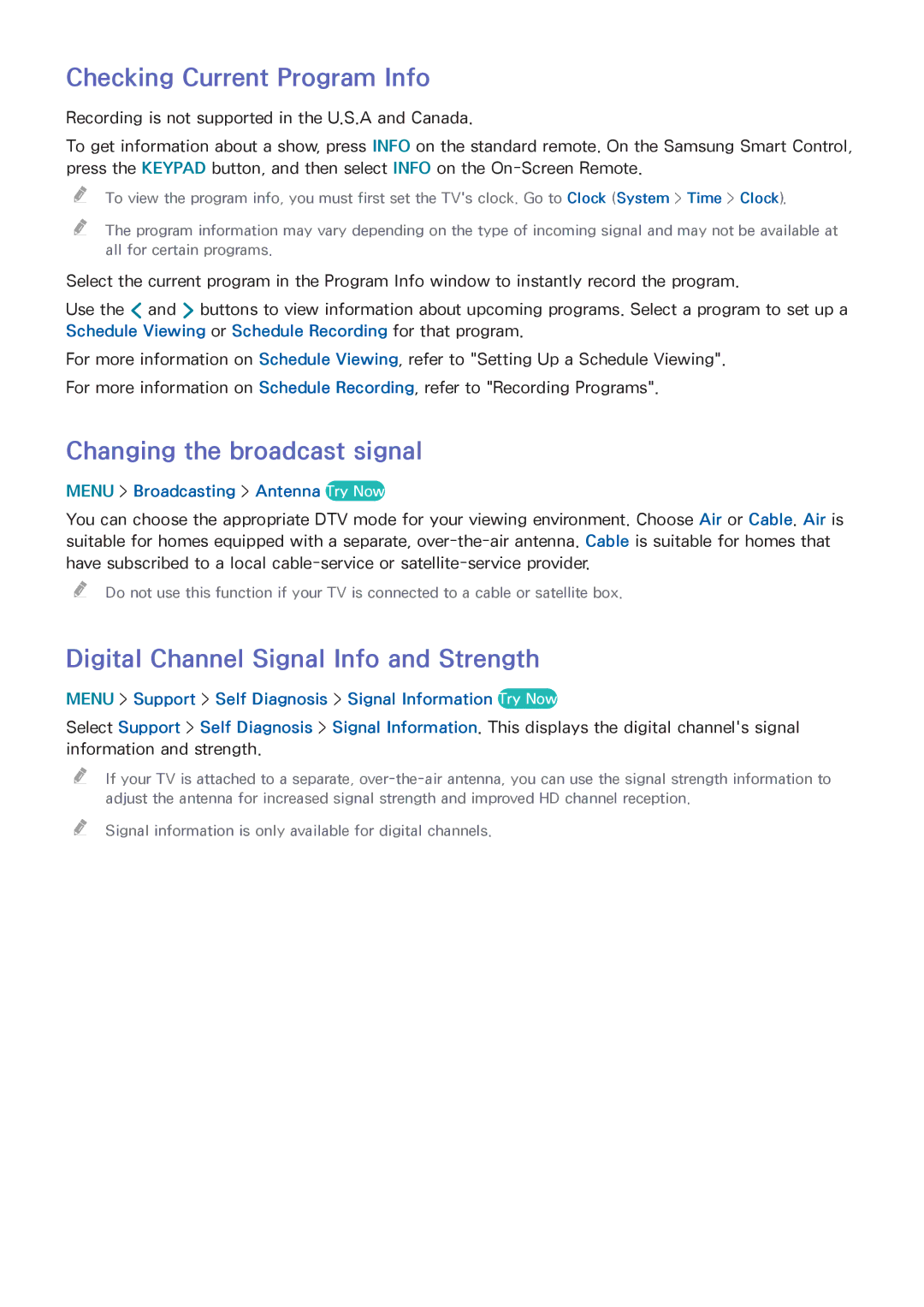 Samsung UN55HU6840 Checking Current Program Info, Changing the broadcast signal, Digital Channel Signal Info and Strength 
