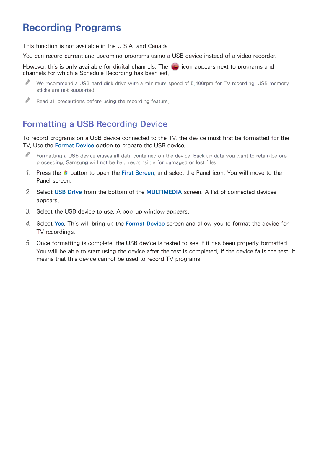 Samsung UN55HU6840 manual Recording Programs, Formatting a USB Recording Device 