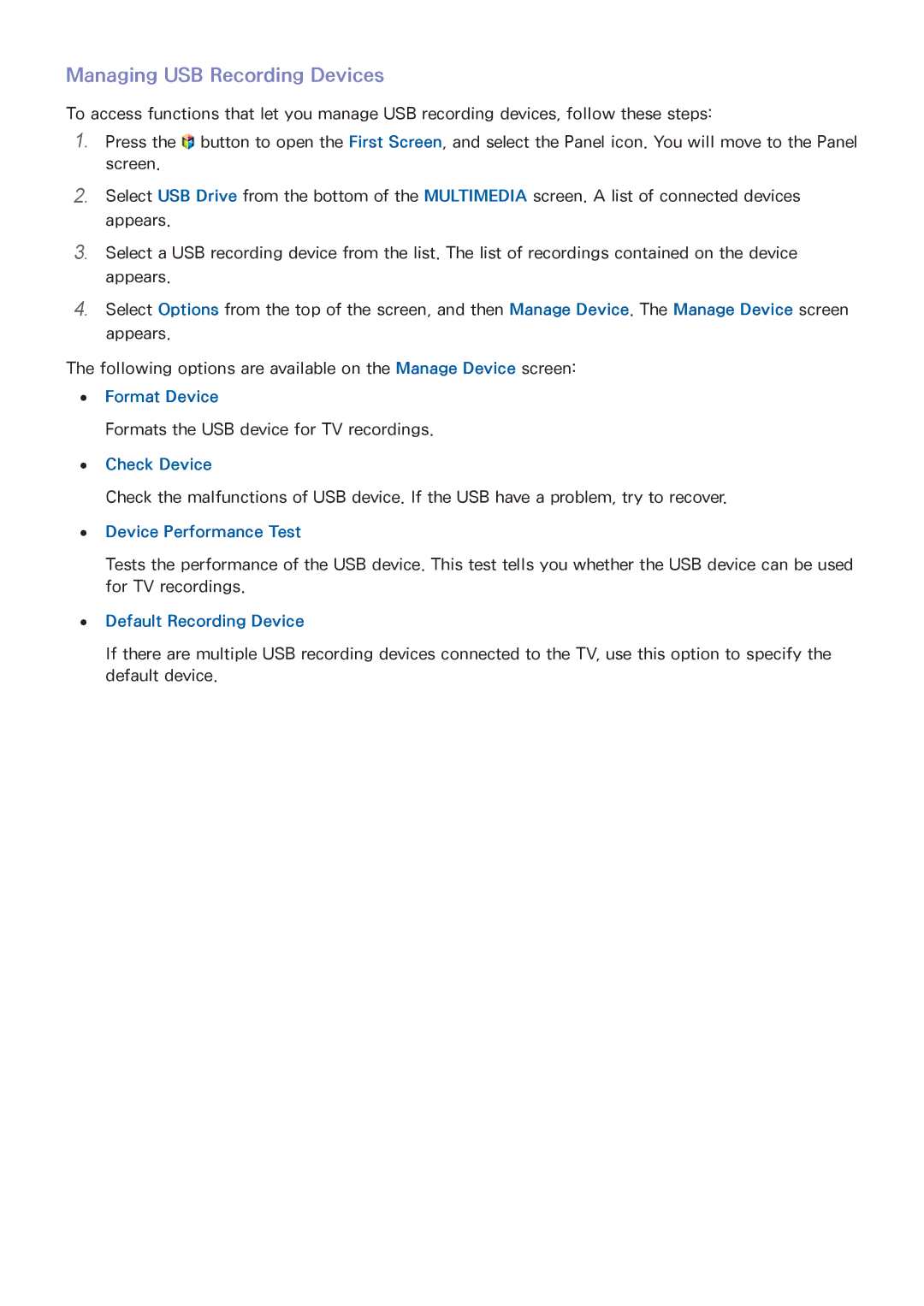 Samsung UN55HU6840 manual Managing USB Recording Devices, Format Device, Check Device, Device Performance Test 