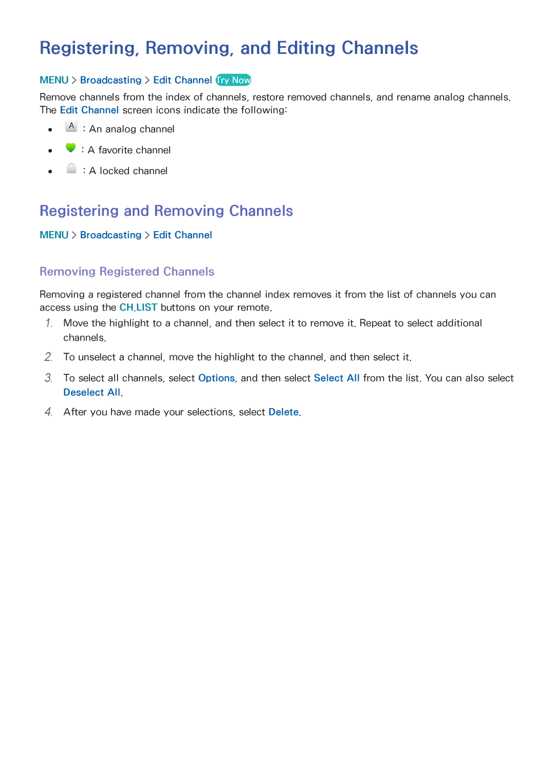 Samsung UN55HU6840 manual Registering, Removing, and Editing Channels, Registering and Removing Channels 