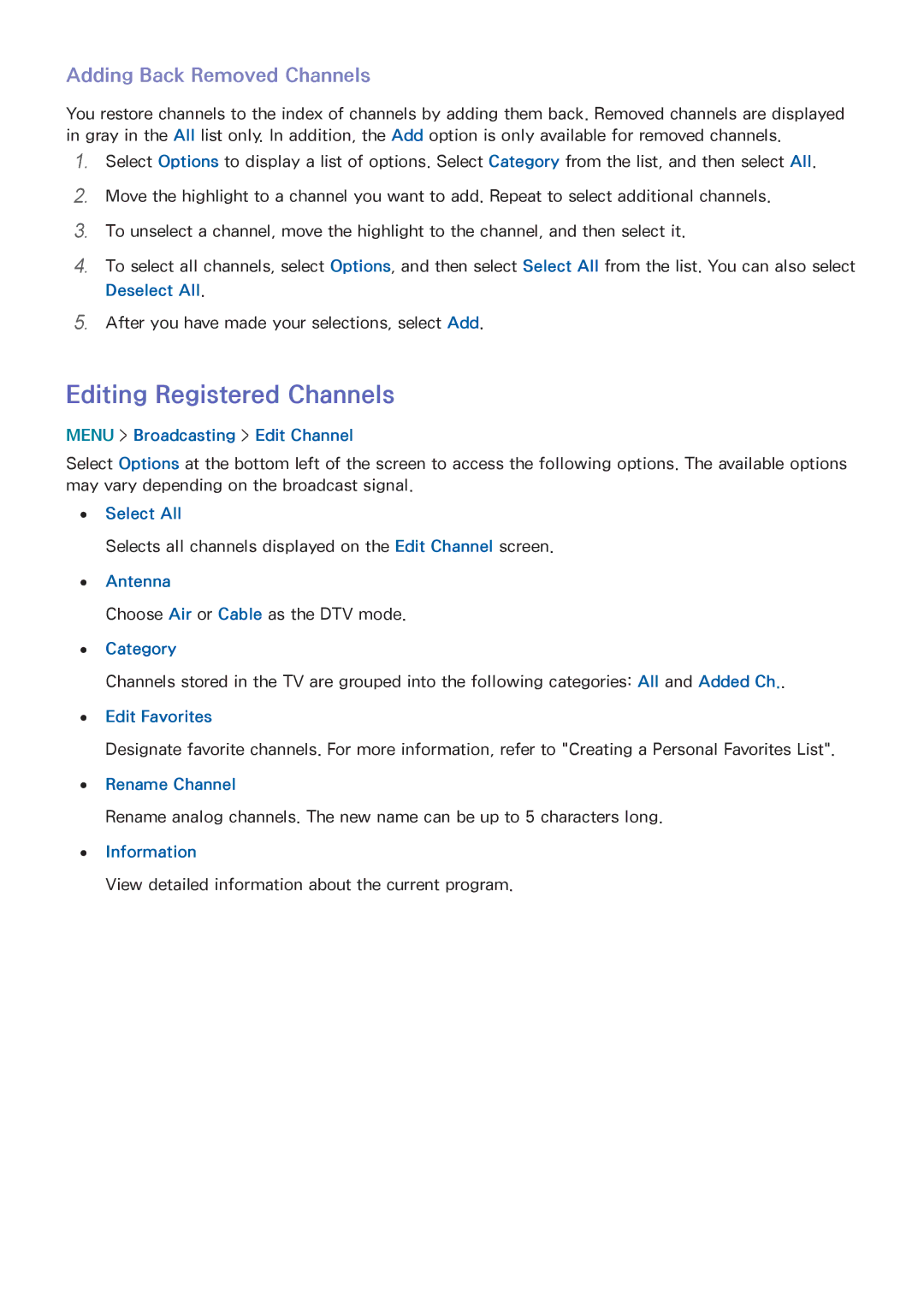 Samsung UN55HU6840 manual Editing Registered Channels, Adding Back Removed Channels 