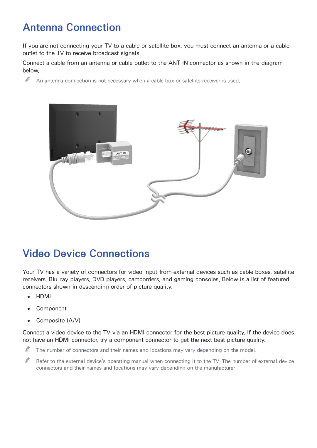 Samsung UN55HU6840 manual Antenna Connection, Video Device Connections 