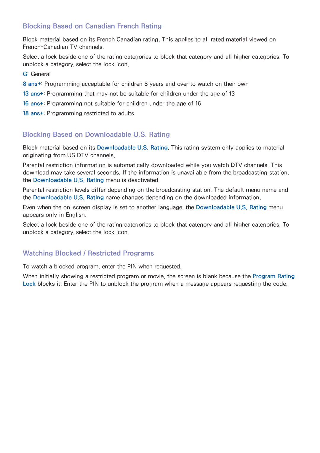 Samsung UN55HU6840 manual Blocking Based on Canadian French Rating, Blocking Based on Downloadable U.S. Rating 