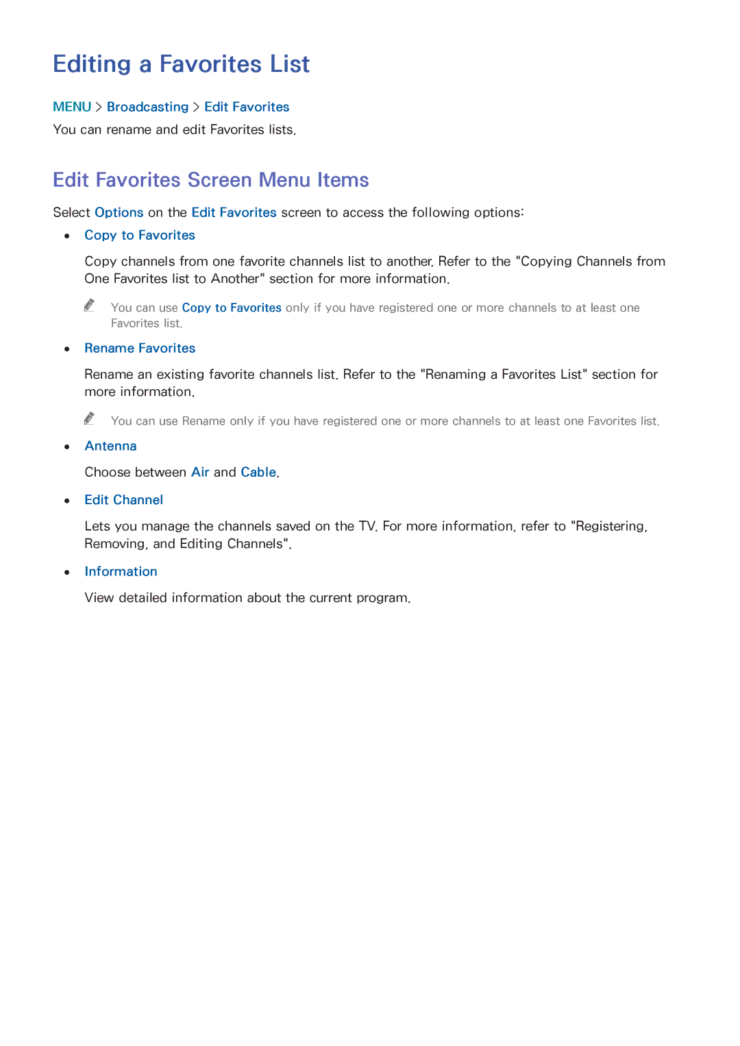 Samsung UN55HU6840 manual Editing a Favorites List, Edit Favorites Screen Menu Items, Copy to Favorites, Rename Favorites 