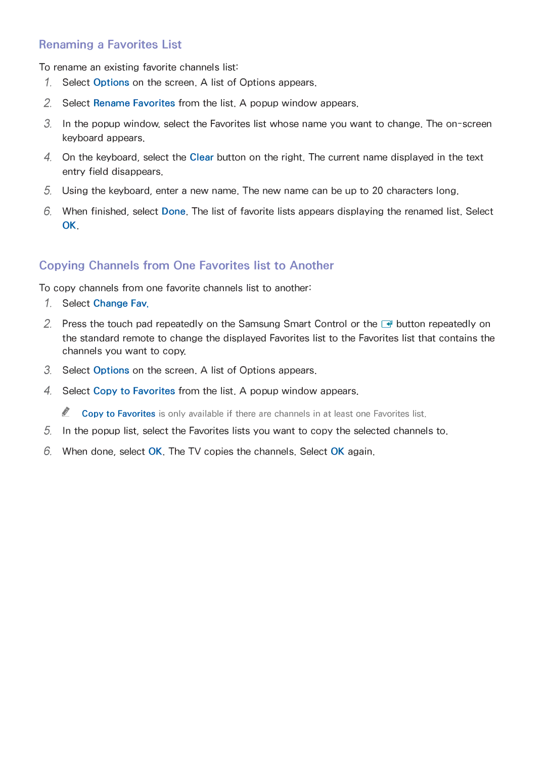 Samsung UN55HU6840 manual Renaming a Favorites List, Copying Channels from One Favorites list to Another 