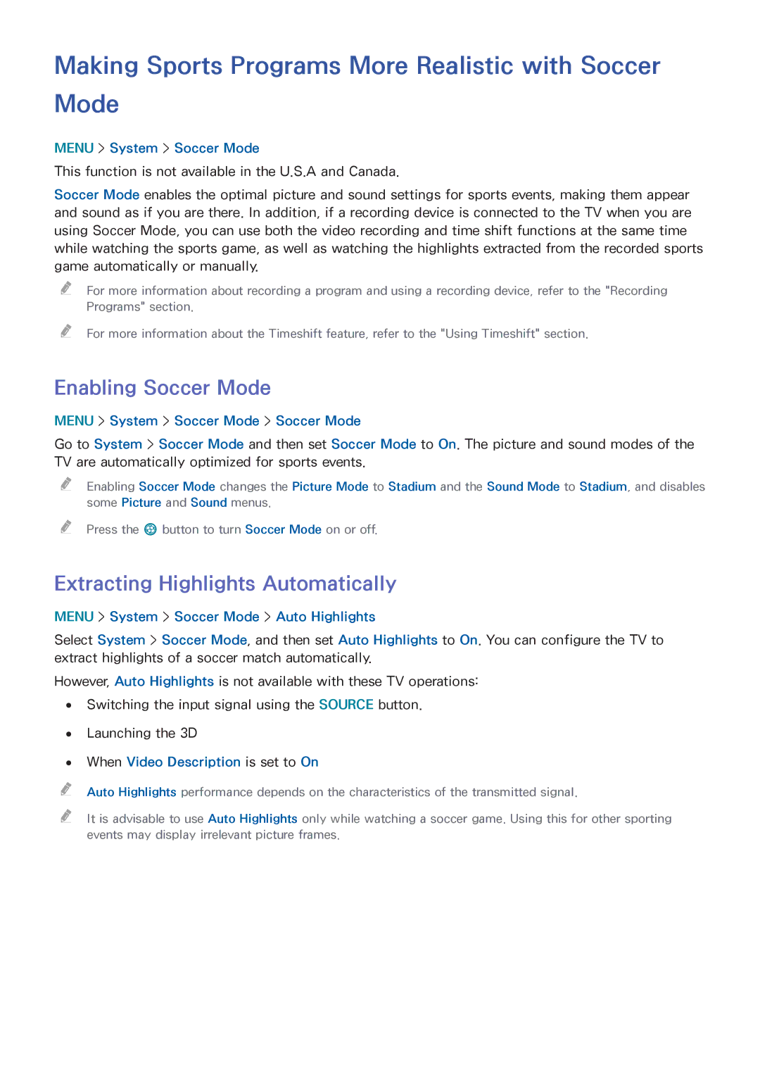 Samsung UN55HU6840 manual Making Sports Programs More Realistic with Soccer Mode, Enabling Soccer Mode 