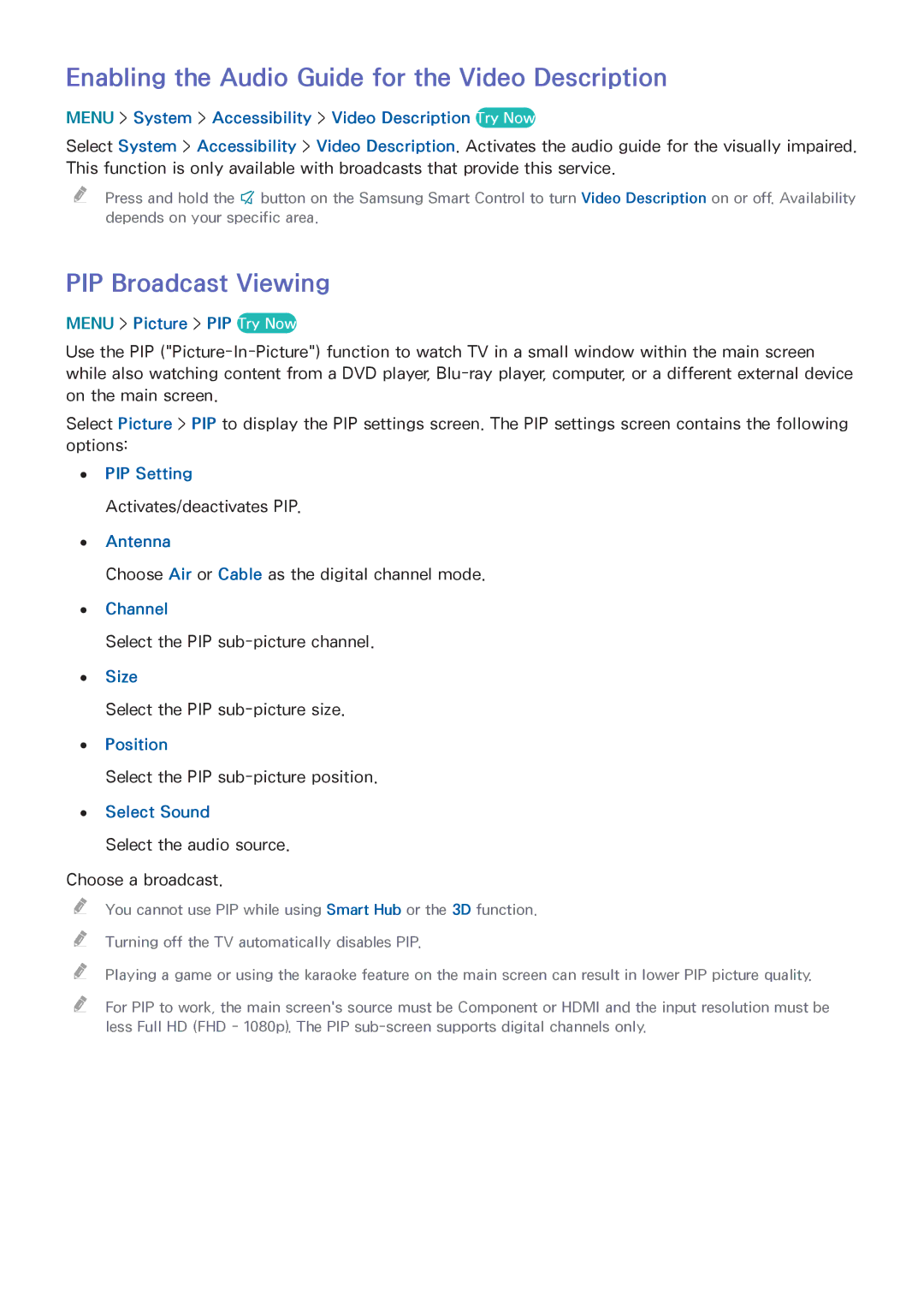 Samsung UN55HU6840 manual Enabling the Audio Guide for the Video Description, PIP Broadcast Viewing 