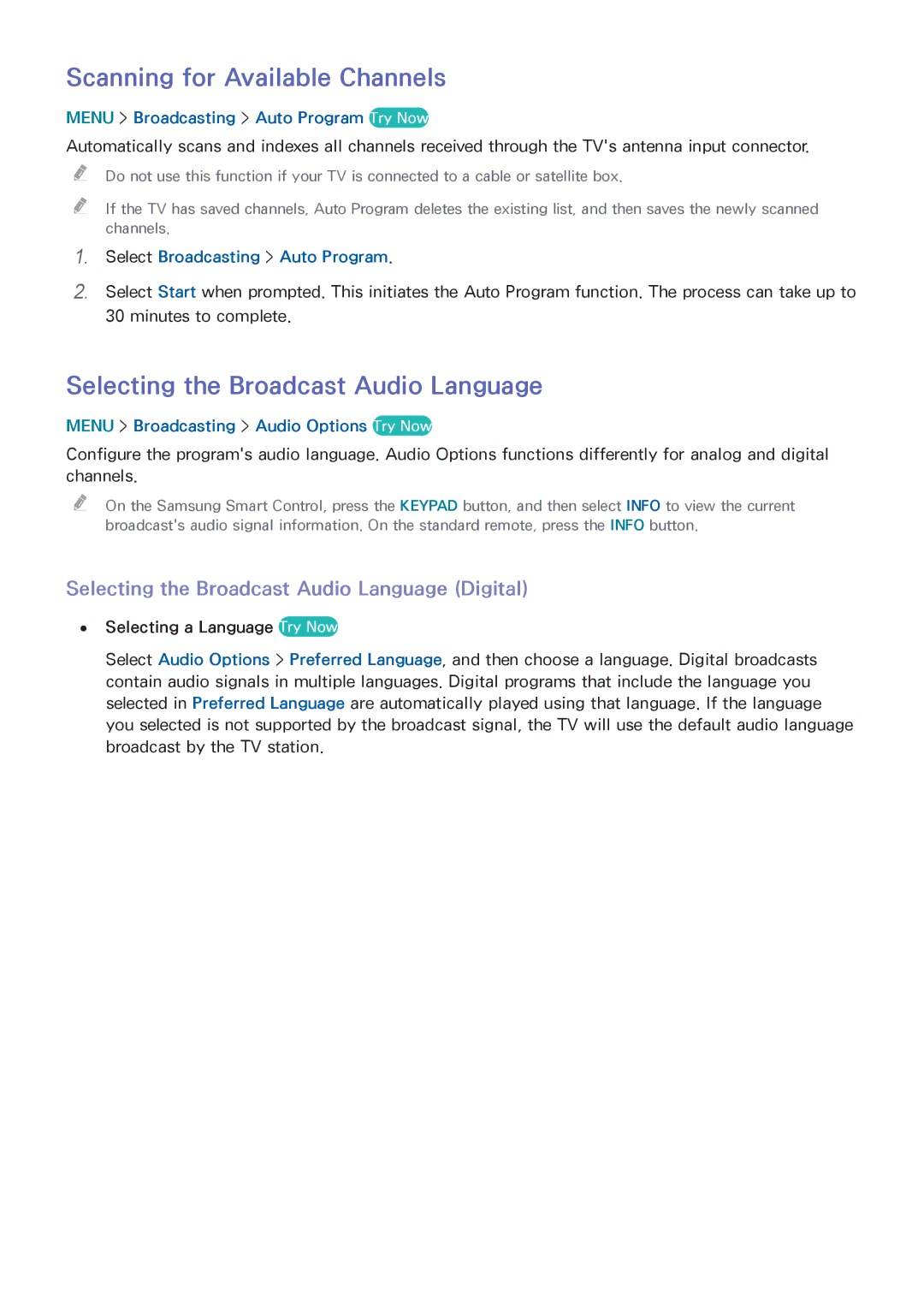 Samsung UN55HU6840 manual Scanning for Available Channels, Selecting the Broadcast Audio Language 