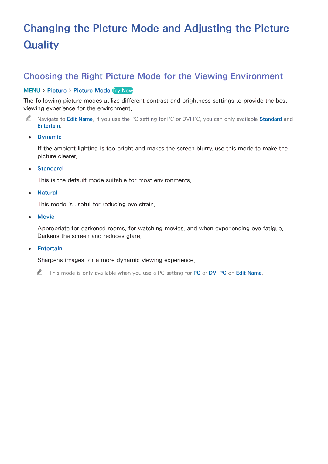 Samsung UN55HU6840 manual Changing the Picture Mode and Adjusting the Picture Quality 