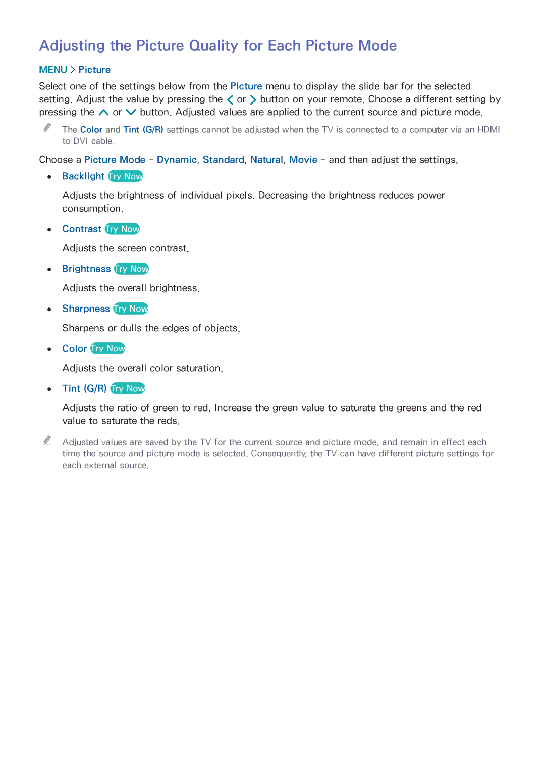 Samsung UN55HU6840 manual Adjusting the Picture Quality for Each Picture Mode 