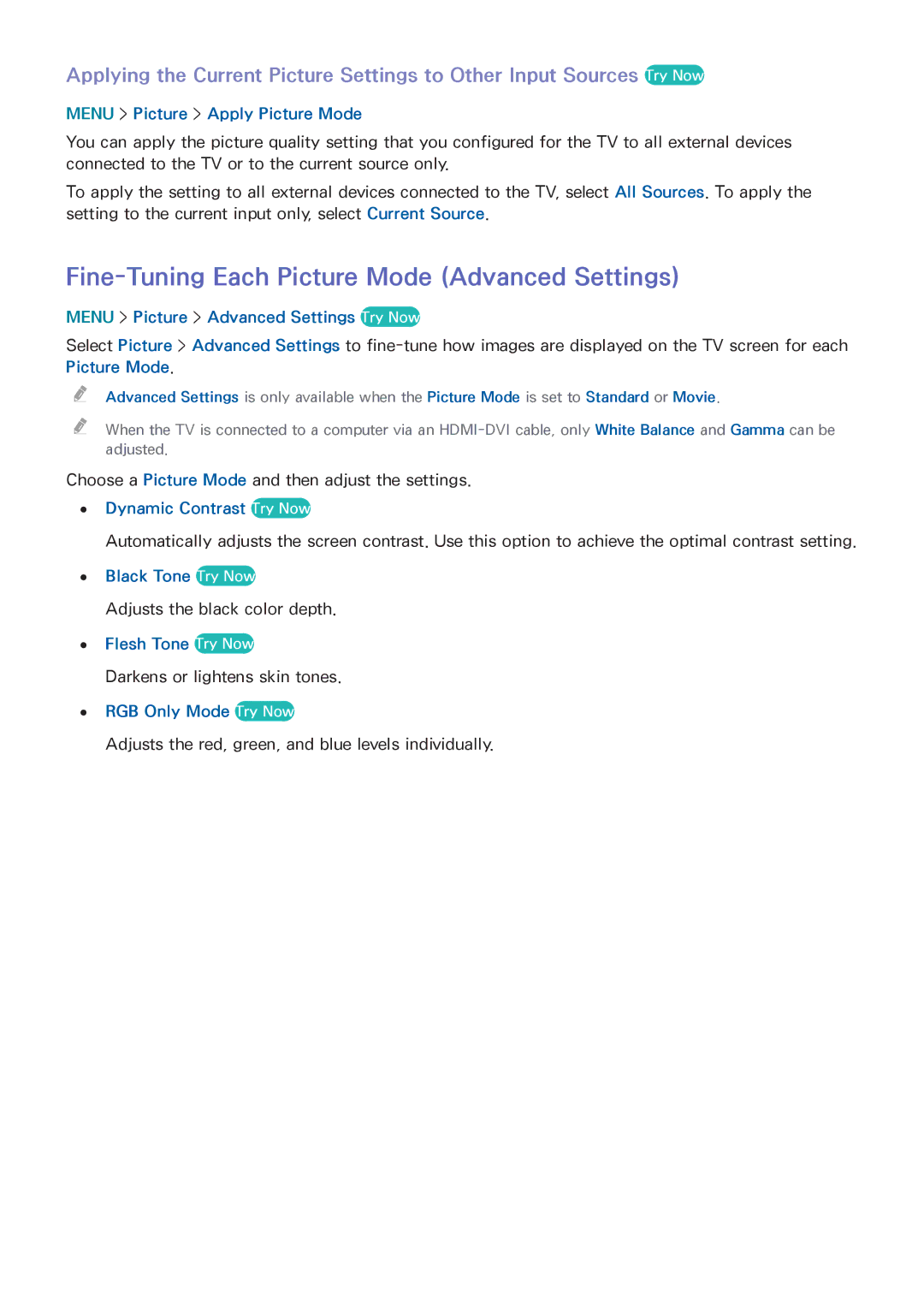 Samsung UN55HU6840 manual Fine-Tuning Each Picture Mode Advanced Settings 