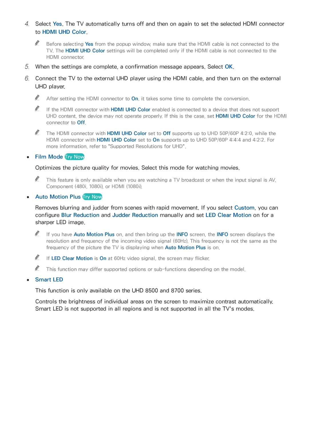 Samsung UN55HU6840 manual Film Mode Try Now, Auto Motion Plus Try Now, Smart LED 