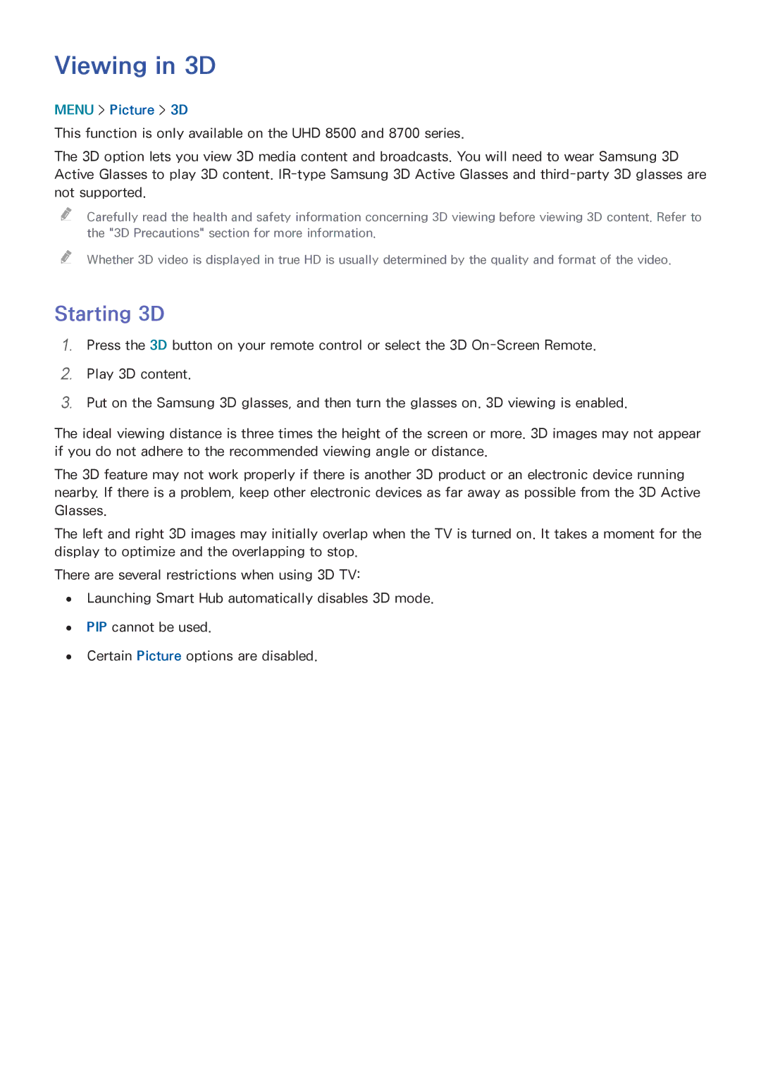 Samsung UN55HU6840 manual Viewing in 3D, Starting 3D, Menu Picture 3D 