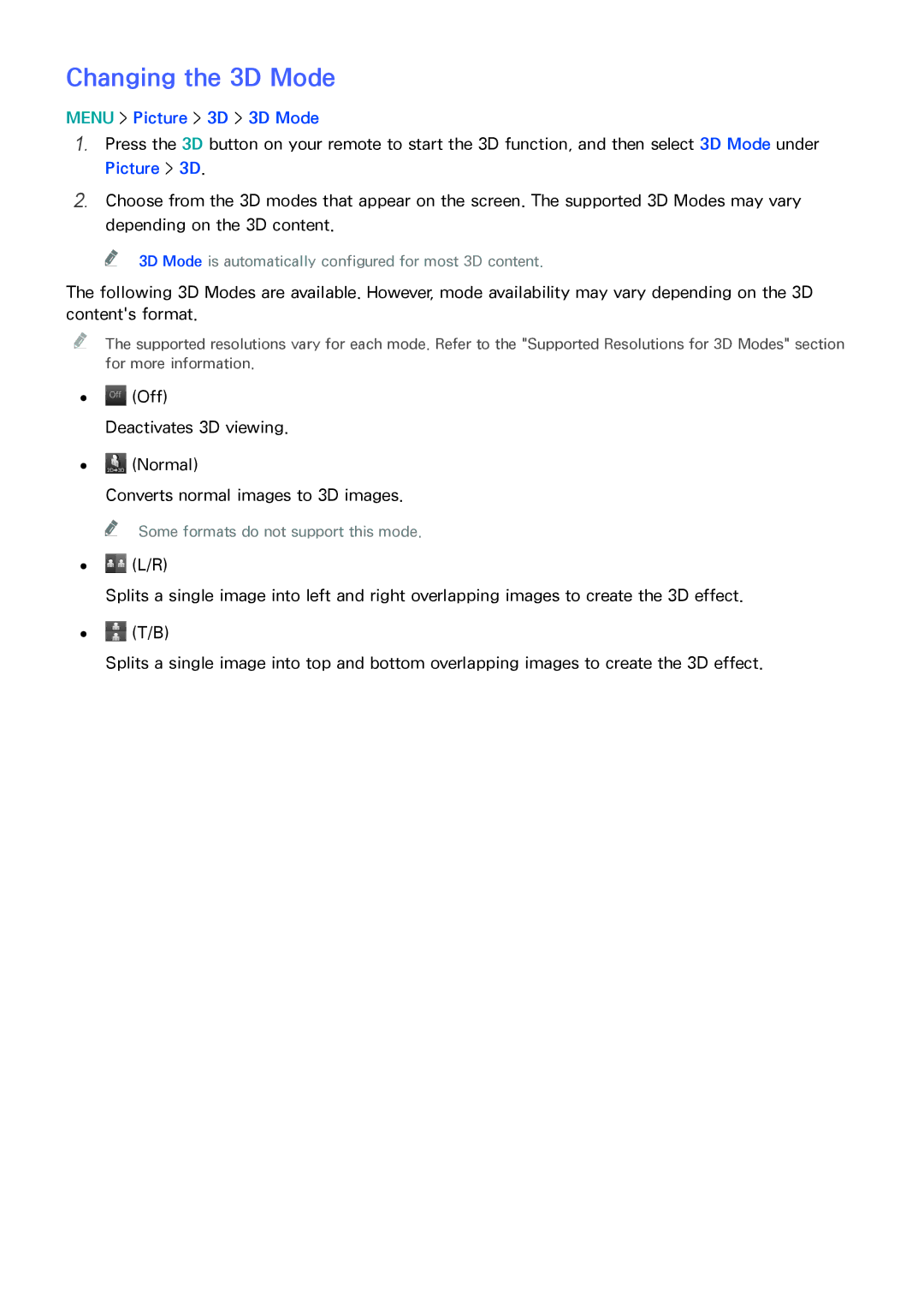 Samsung UN55HU6840 manual Changing the 3D Mode, Menu Picture 3D 3D Mode 