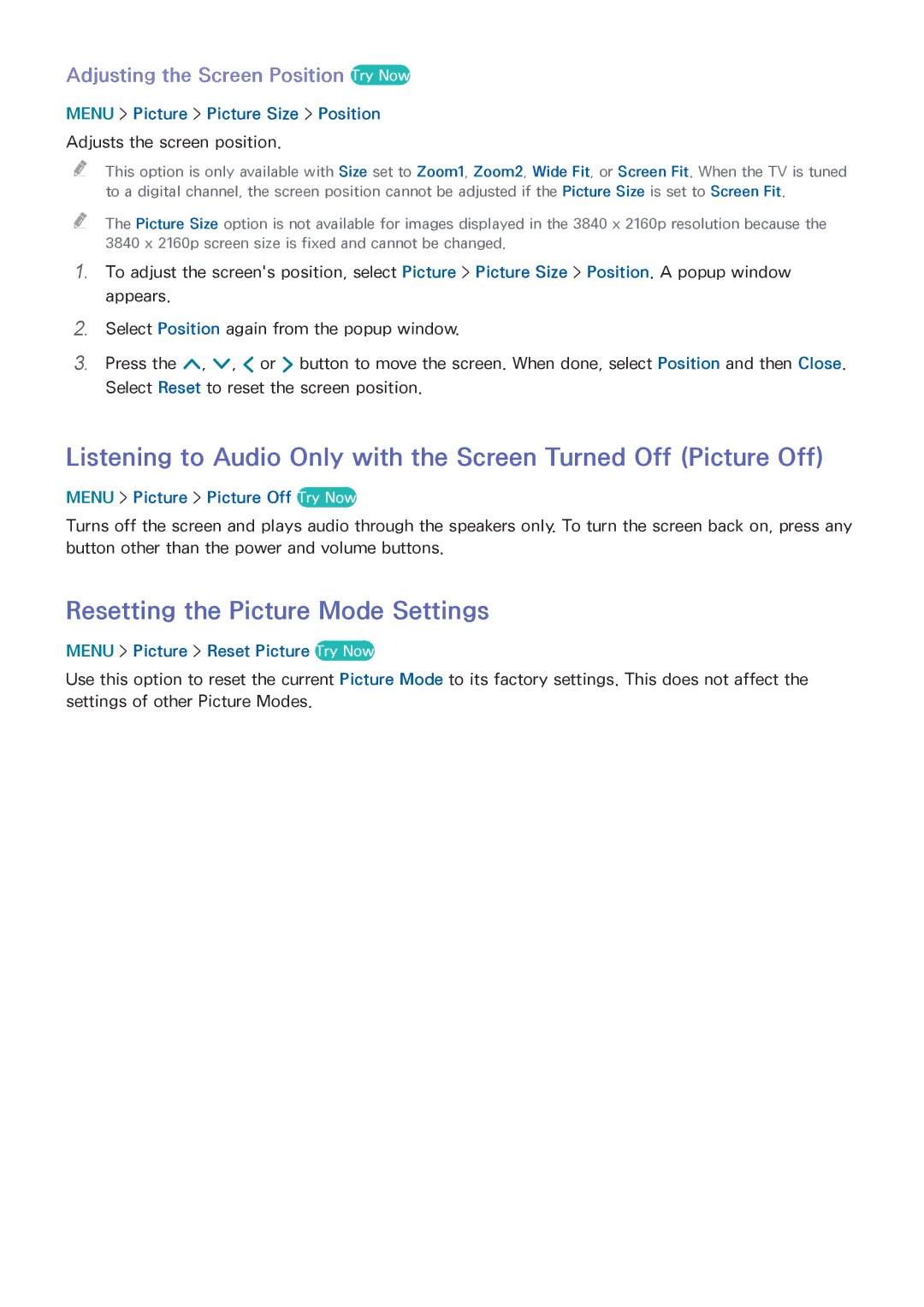 Samsung UN55HU6840 manual Resetting the Picture Mode Settings, Adjusting the Screen Position Try Now 