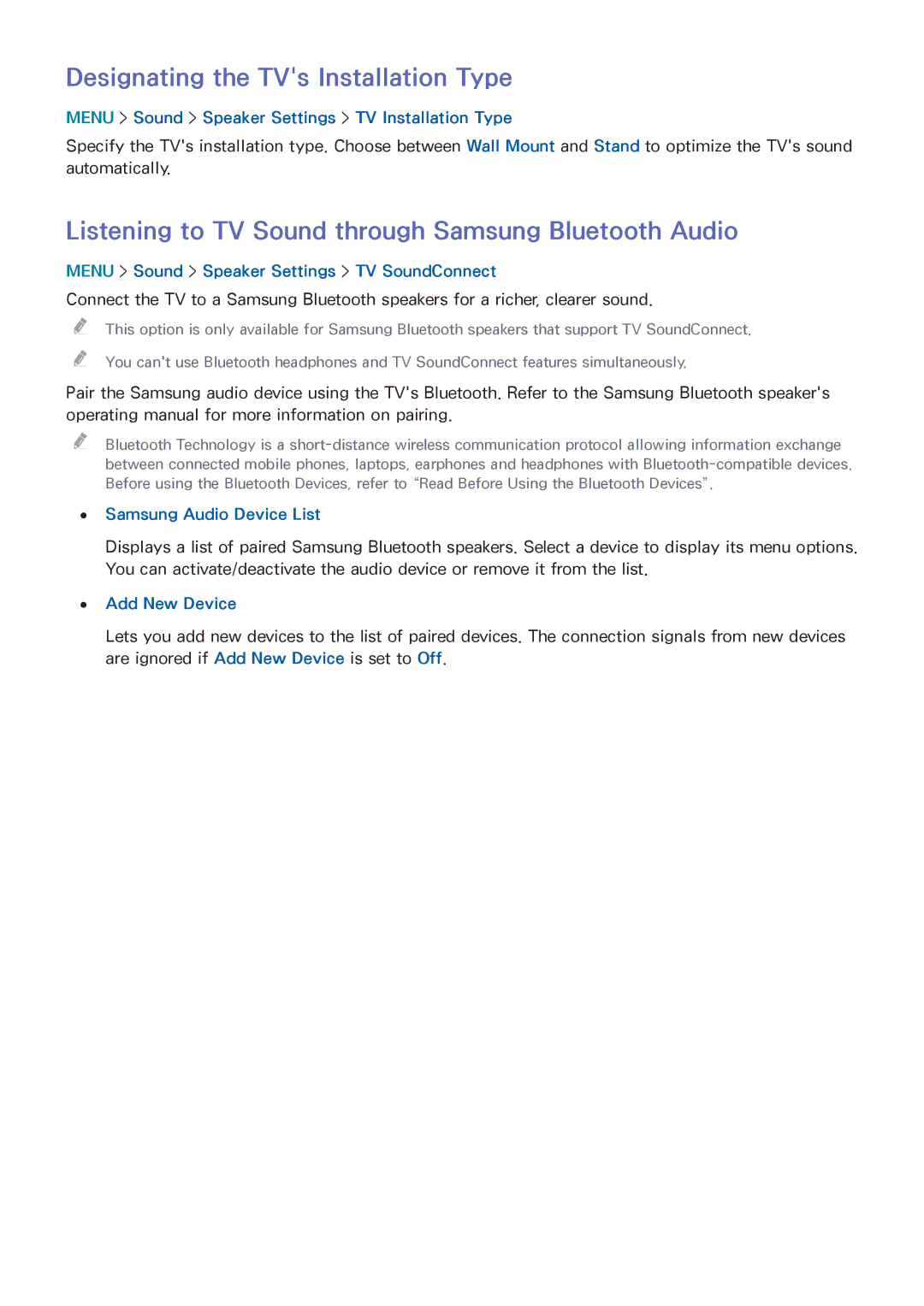 Samsung UN55HU6840 manual Designating the TVs Installation Type, Listening to TV Sound through Samsung Bluetooth Audio 