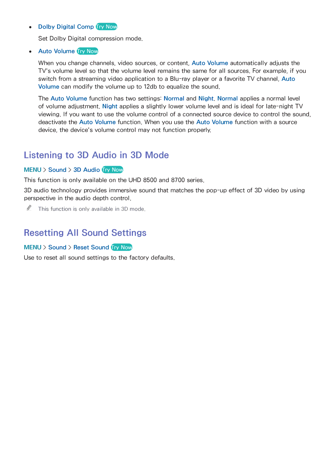 Samsung UN55HU6840 manual Listening to 3D Audio in 3D Mode, Resetting All Sound Settings 