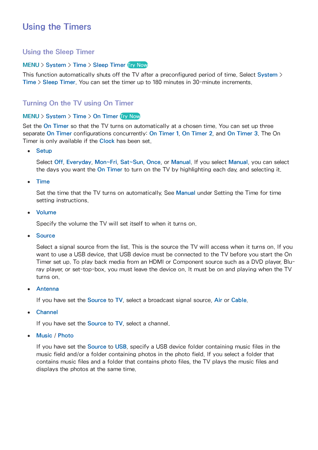 Samsung UN55HU6840 manual Using the Timers, Using the Sleep Timer, Turning On the TV using On Timer 