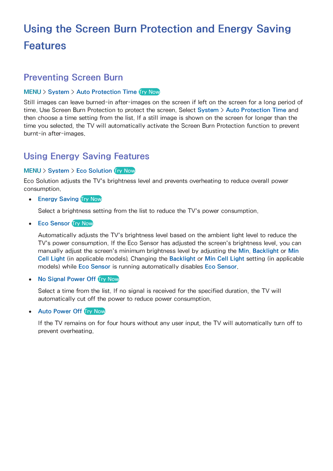 Samsung UN55HU6840 manual Using the Screen Burn Protection and Energy Saving Features, Preventing Screen Burn 