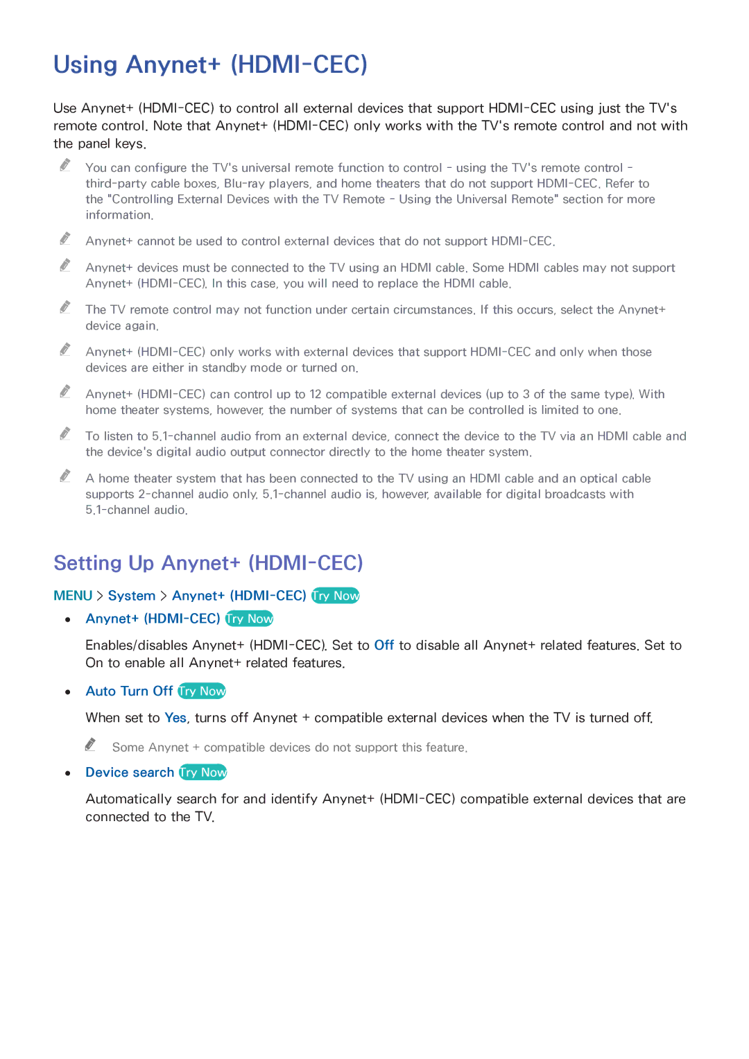 Samsung UN55HU6840 manual Using Anynet+ HDMI-CEC, Setting Up Anynet+ HDMI-CEC, Menu System Anynet+ HDMI-CEC Try Now 