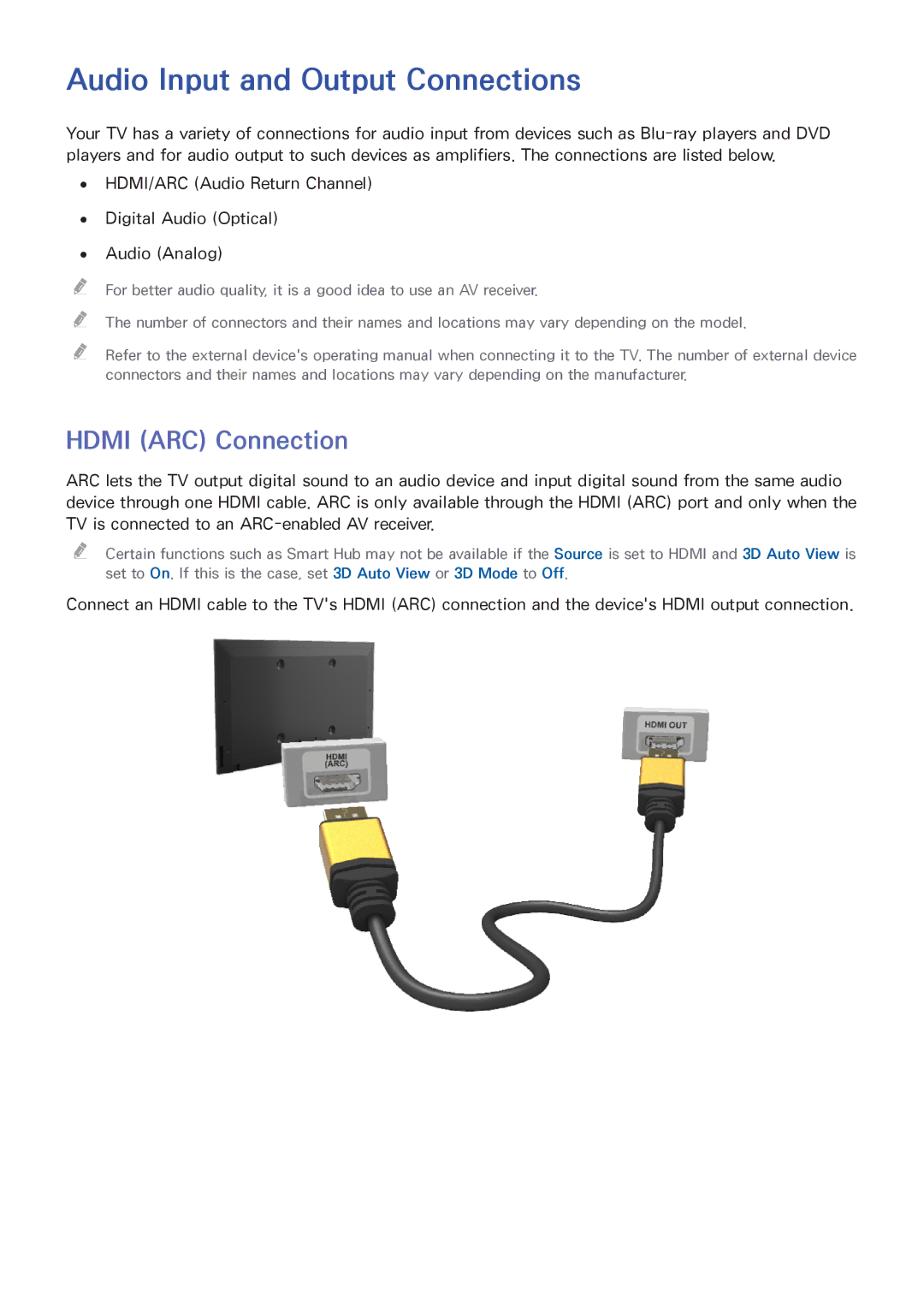 Samsung UN55HU6840 manual Audio Input and Output Connections, Hdmi ARC Connection 