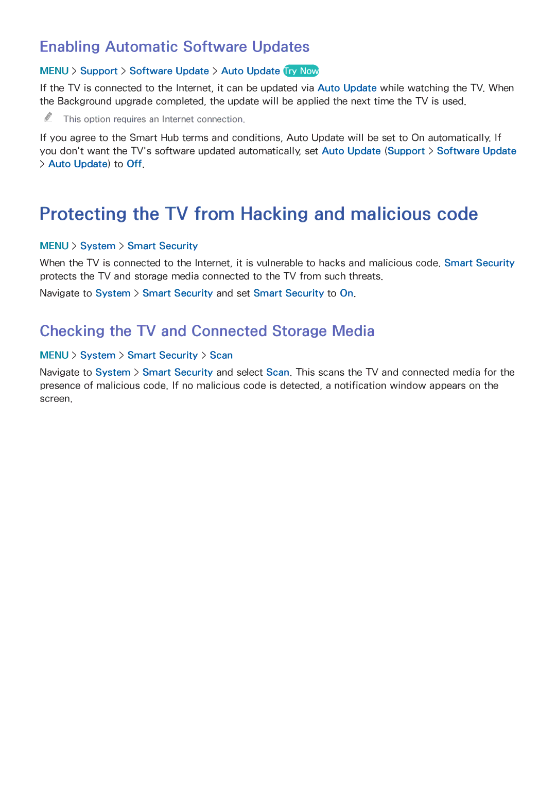 Samsung UN55HU6840 manual Protecting the TV from Hacking and malicious code, Enabling Automatic Software Updates 