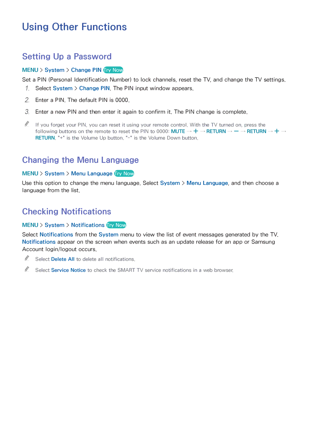 Samsung UN55HU6840 manual Using Other Functions, Setting Up a Password, Changing the Menu Language, Checking Notifications 