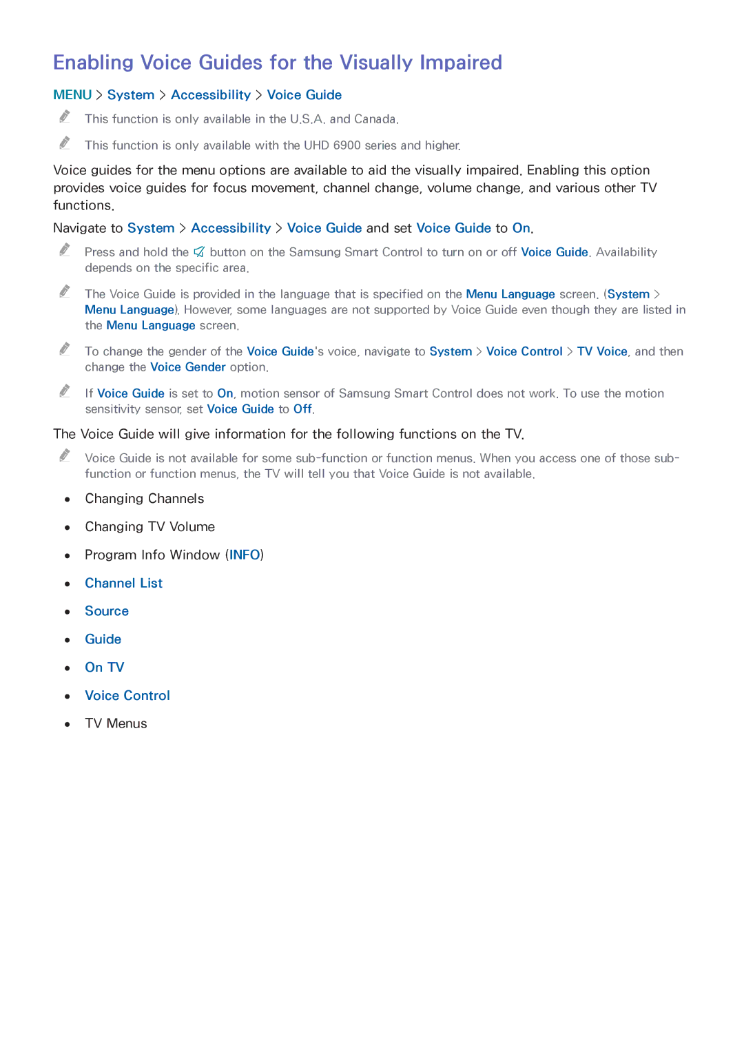 Samsung UN55HU6840 manual Enabling Voice Guides for the Visually Impaired, Menu System Accessibility Voice Guide 