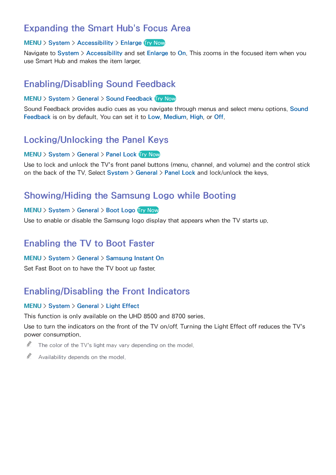 Samsung UN55HU6840 Expanding the Smart Hubs Focus Area, Enabling/Disabling Sound Feedback, Enabling the TV to Boot Faster 