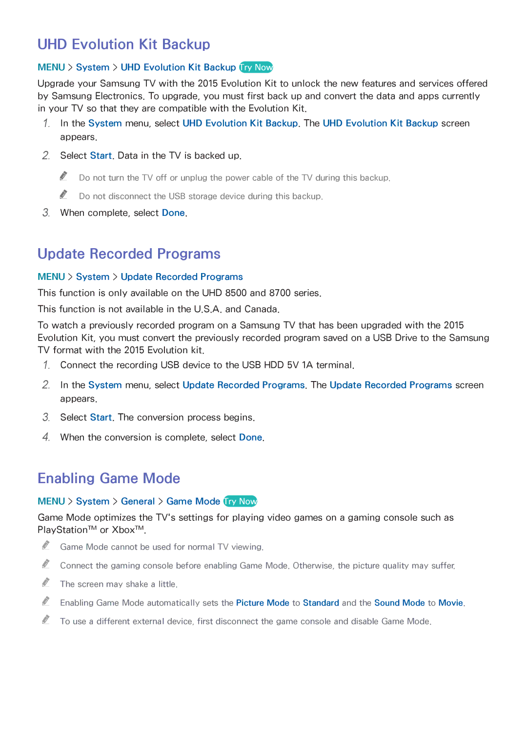 Samsung UN55HU6840 manual UHD Evolution Kit Backup, Update Recorded Programs, Enabling Game Mode 