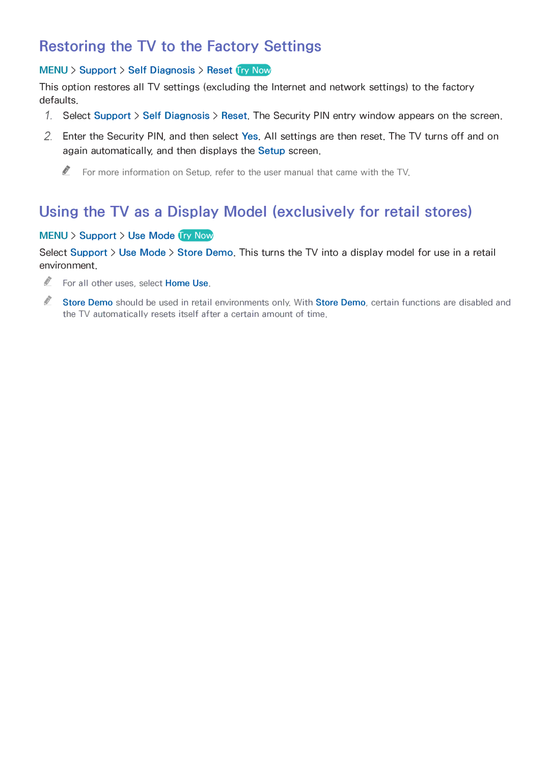 Samsung UN55HU6840 manual Restoring the TV to the Factory Settings, Menu Support Self Diagnosis Reset Try Now 