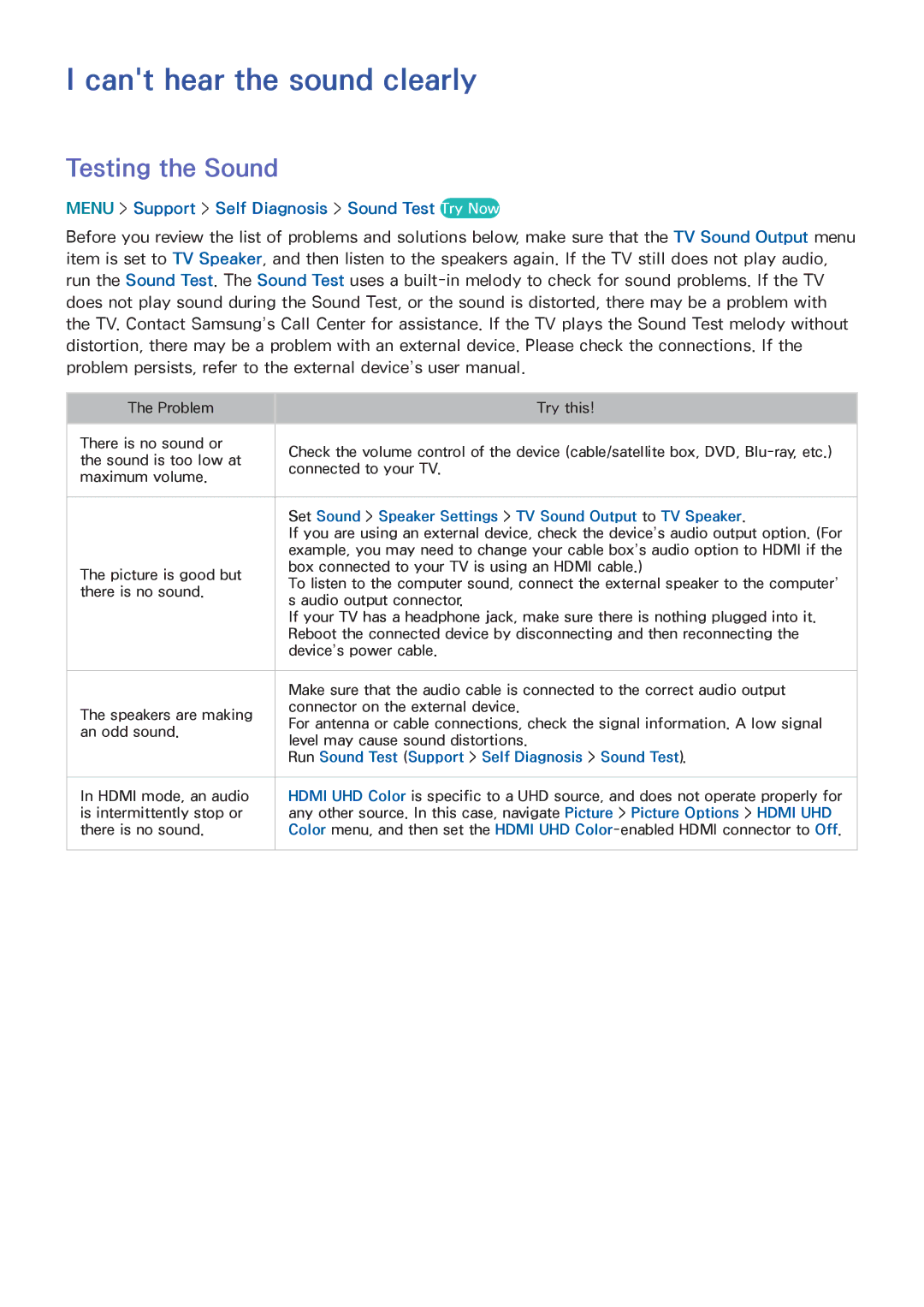 Samsung UN55HU6840 manual Cant hear the sound clearly, Testing the Sound, Menu Support Self Diagnosis Sound Test Try Now 