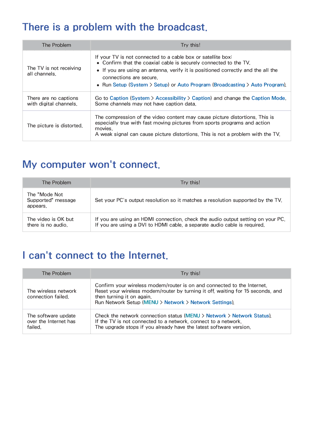 Samsung UN55HU6840 manual There is a problem with the broadcast, My computer wont connect, Cant connect to the Internet 