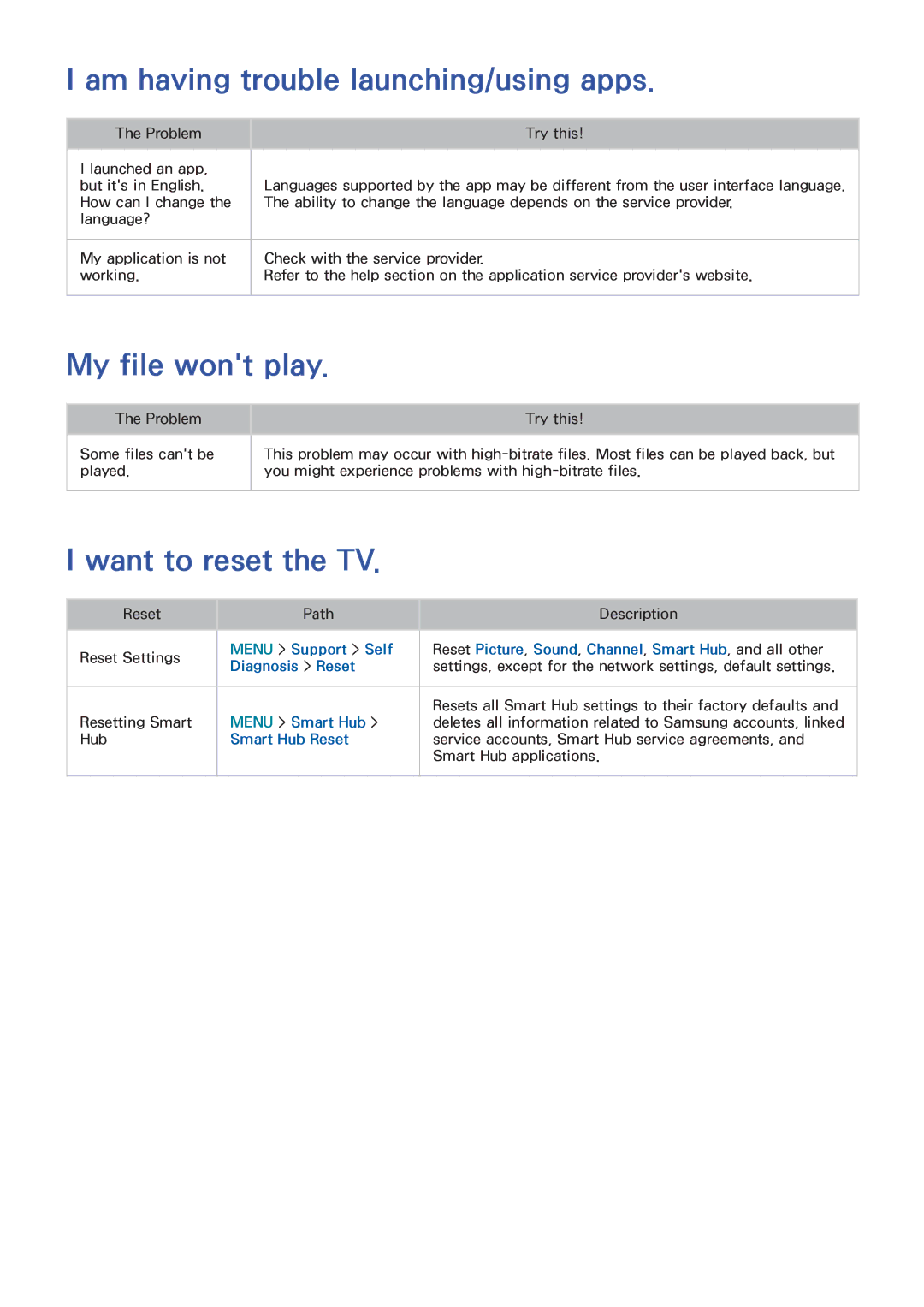 Samsung UN55HU6840 manual Am having trouble launching/using apps, My file wont play, Want to reset the TV 