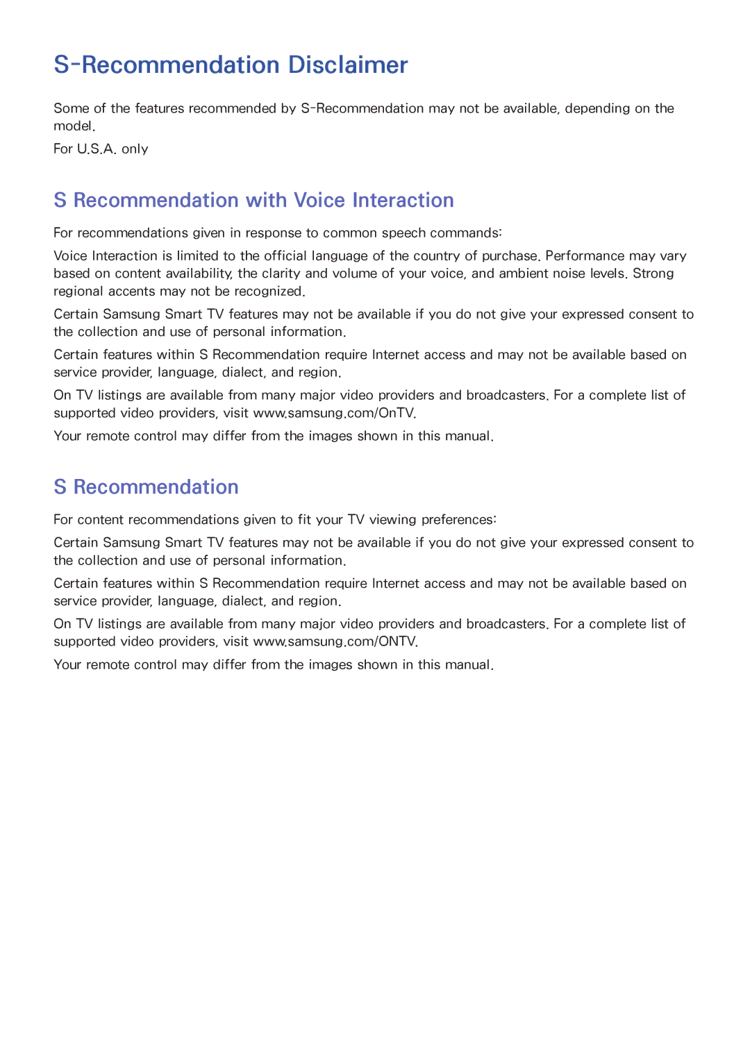 Samsung UN55HU6840 manual Recommendation Disclaimer, Recommendation with Voice Interaction 