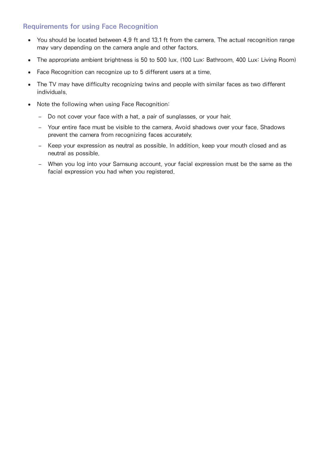 Samsung UN55HU6840 manual Requirements for using Face Recognition 