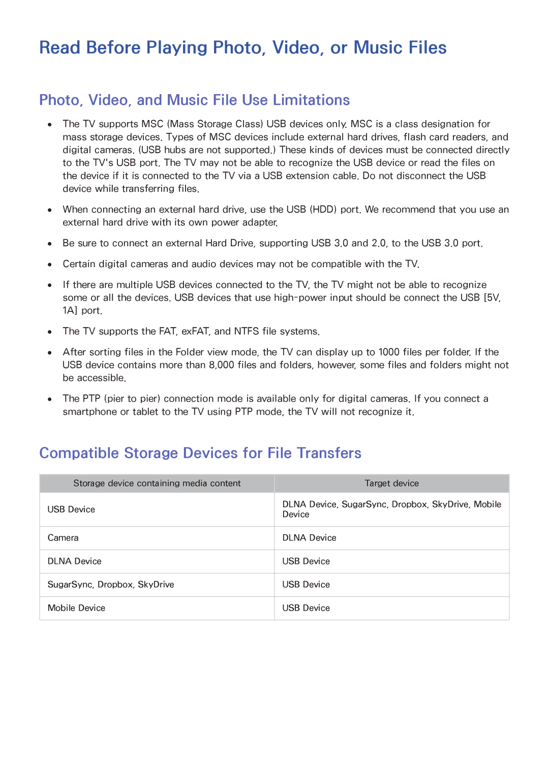 Samsung UN55HU6840 manual Read Before Playing Photo, Video, or Music Files, Photo, Video, and Music File Use Limitations 