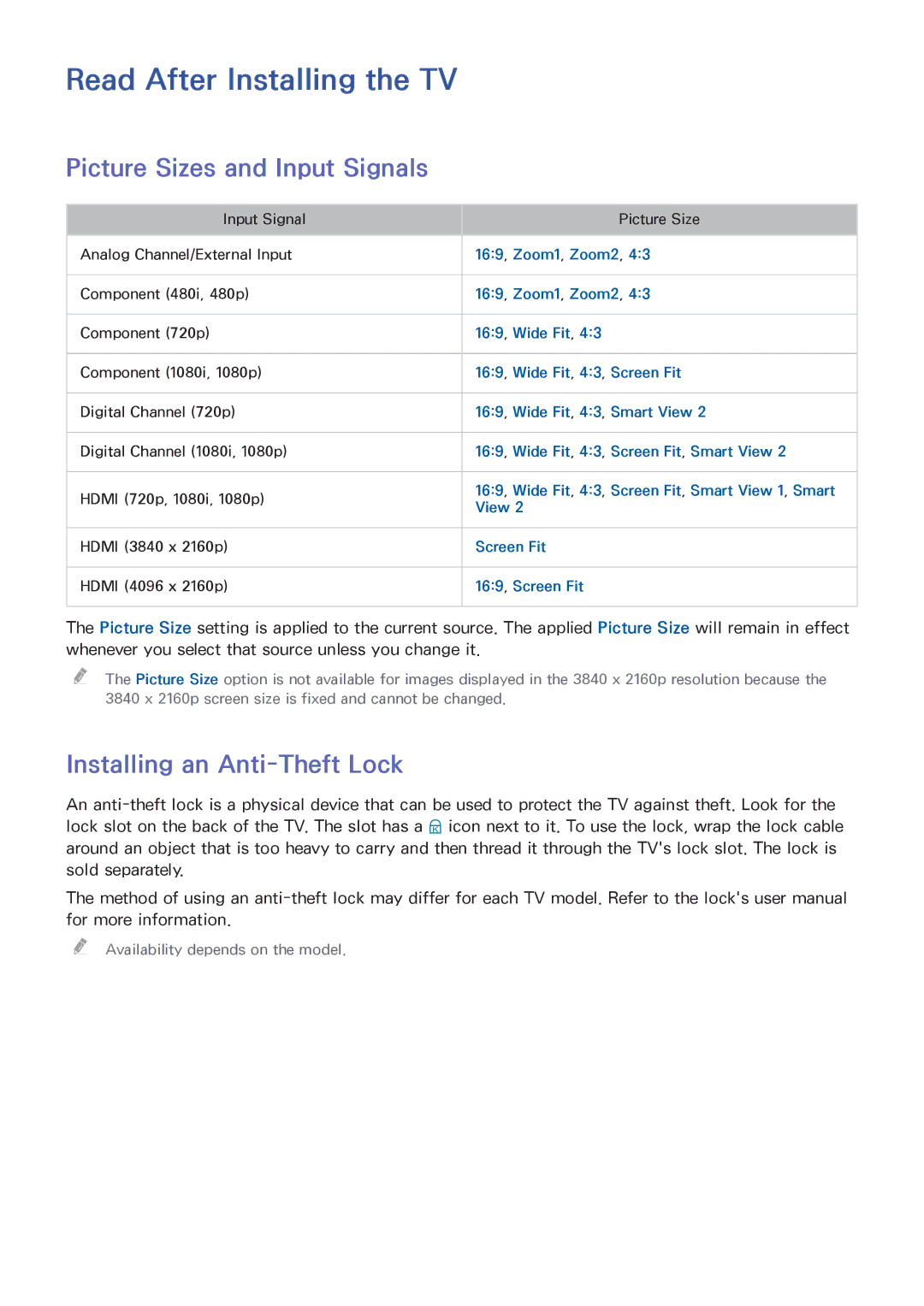 Samsung UN55HU6840 manual Read After Installing the TV, Picture Sizes and Input Signals, Installing an Anti-Theft Lock 