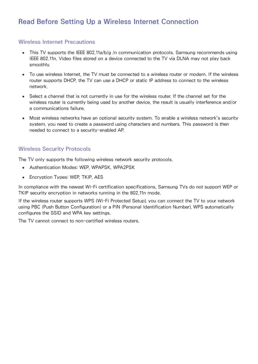 Samsung UN55HU6840 manual Read Before Setting Up a Wireless Internet Connection, Wireless Internet Precautions 