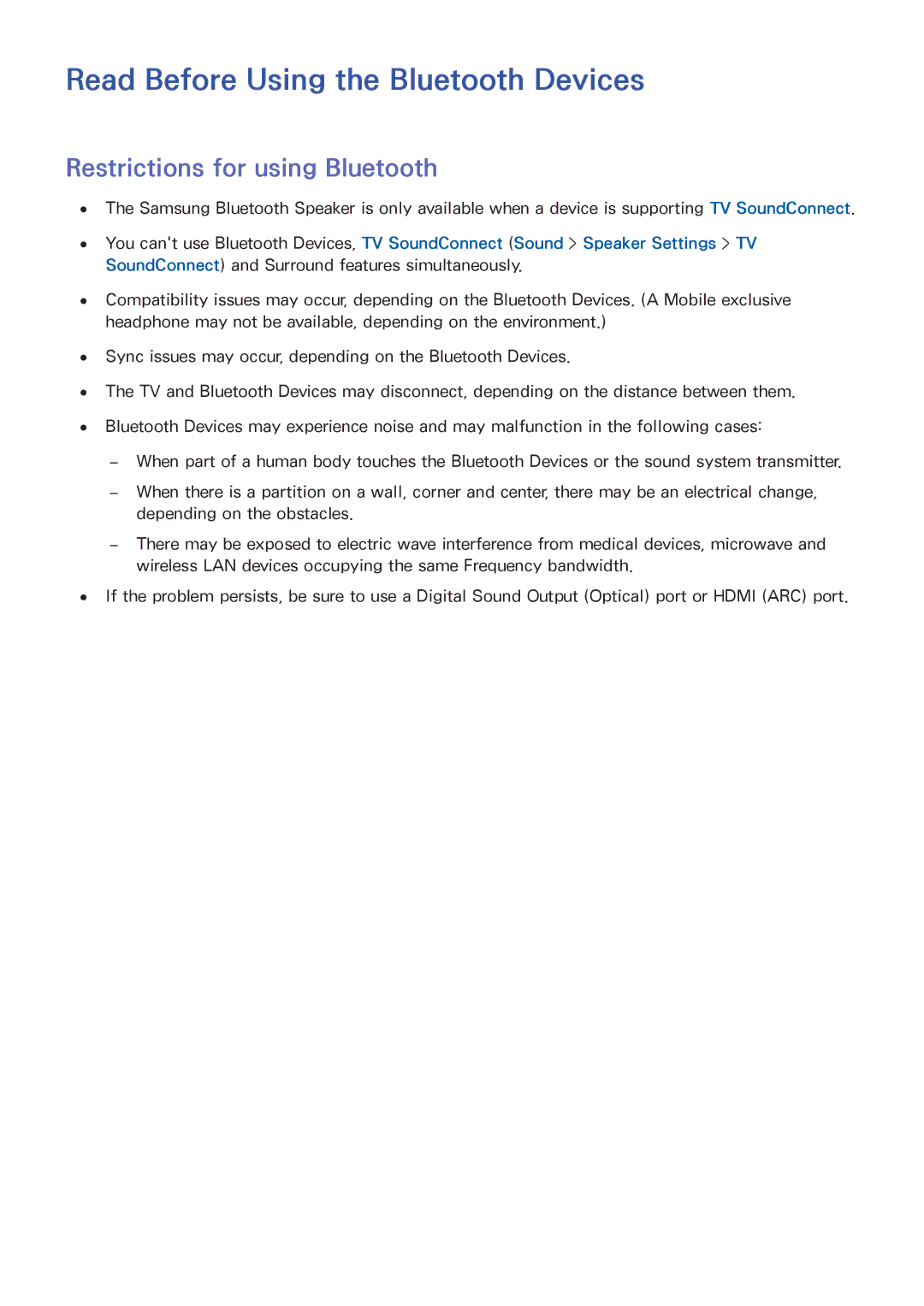 Samsung UN55HU6840 manual Read Before Using the Bluetooth Devices, Restrictions for using Bluetooth 