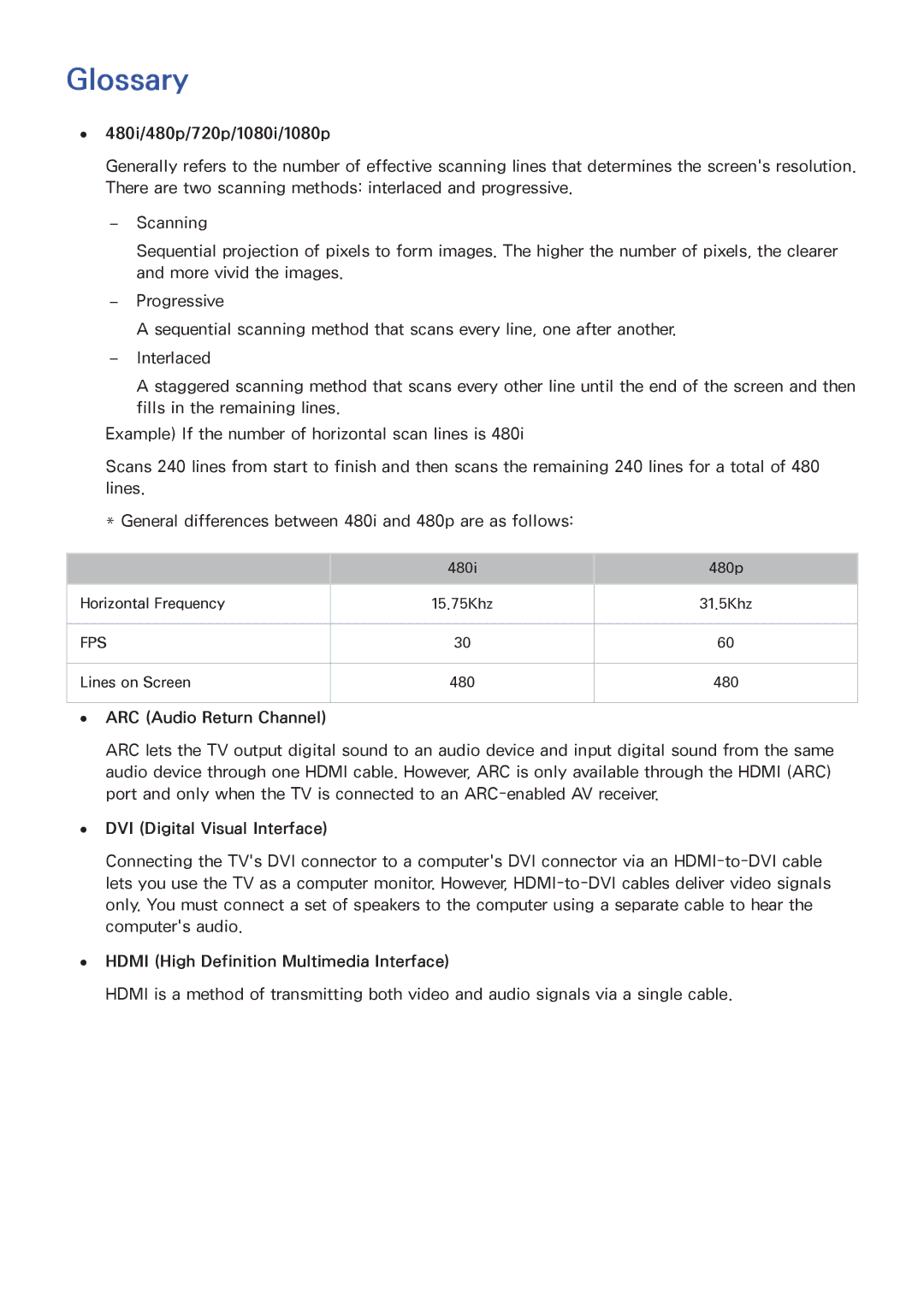 Samsung UN55HU6840 manual Glossary, 480i/480p/720p/1080i/1080p, ARC Audio Return Channel, DVI Digital Visual Interface 