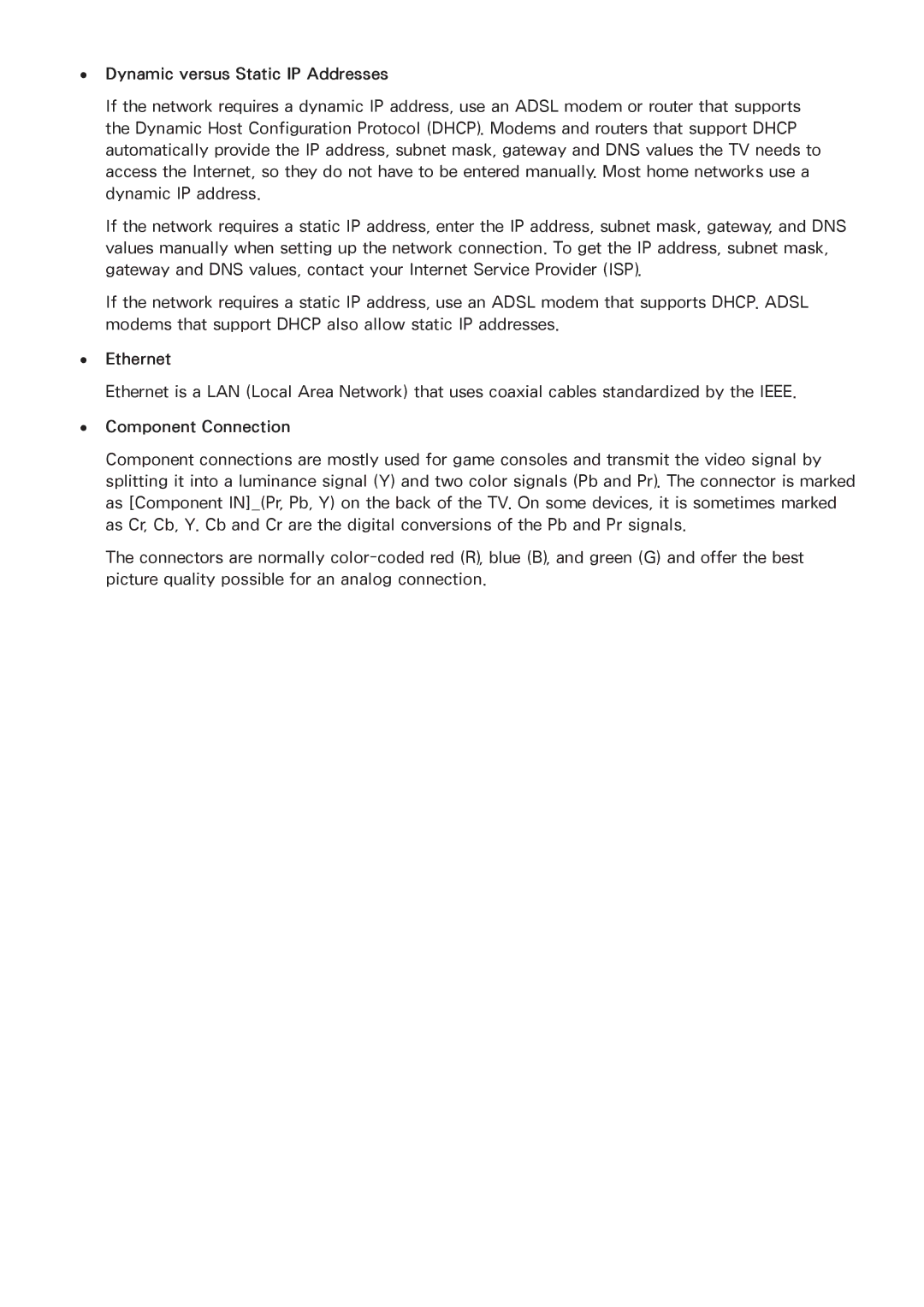 Samsung UN55HU6840 manual Dynamic versus Static IP Addresses, Ethernet, Component Connection 