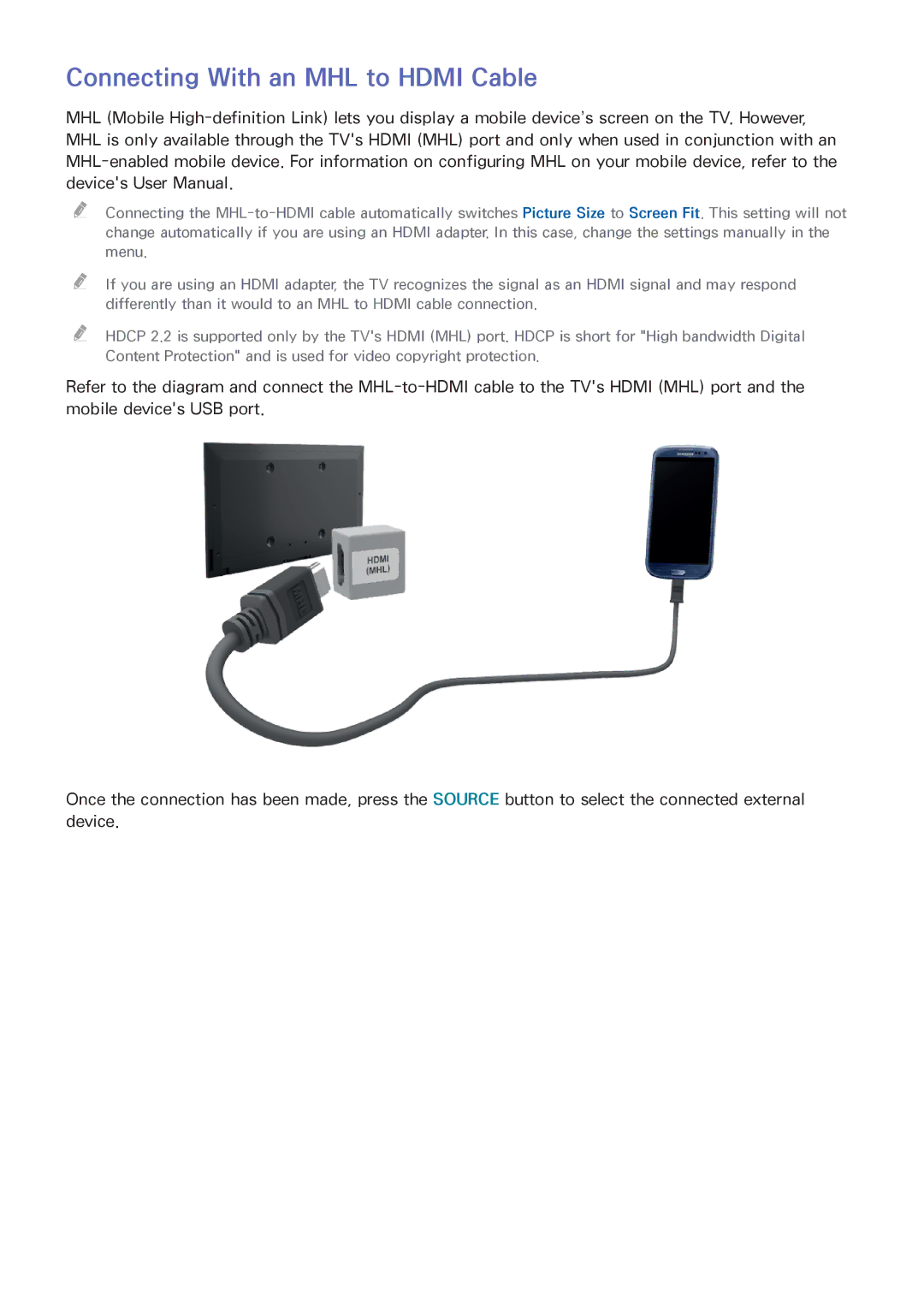 Samsung UN55HU6840 manual Connecting With an MHL to Hdmi Cable 