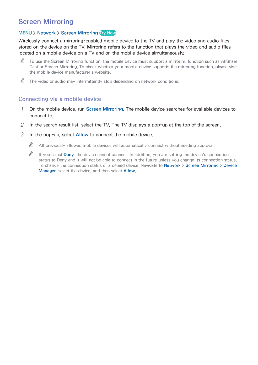 Samsung UN55HU6840 manual Connecting via a mobile device, Menu Network Screen Mirroring Try Now 